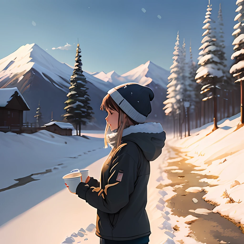 Beautiful and cute girl,Boundless snowfields,weeping,SakuraNS,snow mountains,Makoto Shinkai painting style