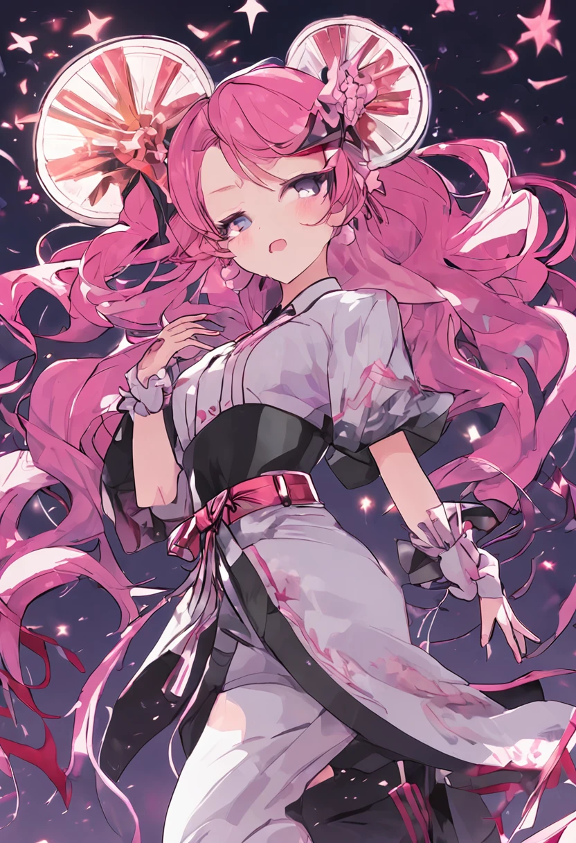 Keera, 1girl, pink hair, hair spread out, hair between eyes, very long hair, bowtie, parted lips, pointy ear, purple eyes, sleeves past wrists, black sleeves, black shorts, belt, detached sleeves, ahoge, heart necklace, navel, smile, looking at viewer, lily \(flower\),(fireworks),(aerial fireworks),firework background,(night),shrine,lake, light reflection \(water\), standing, from below,fiction art, RAW photo, hanfu picture, best photo, best photo quality, 8k quality, 8k ultra, super realistic, real photo most economical, the goddess poses sexy and seductive,