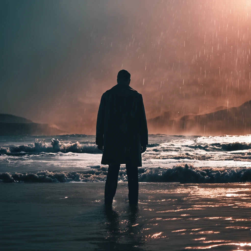 Man standing in the water，evening light，Back Shadow，tmasterpiece