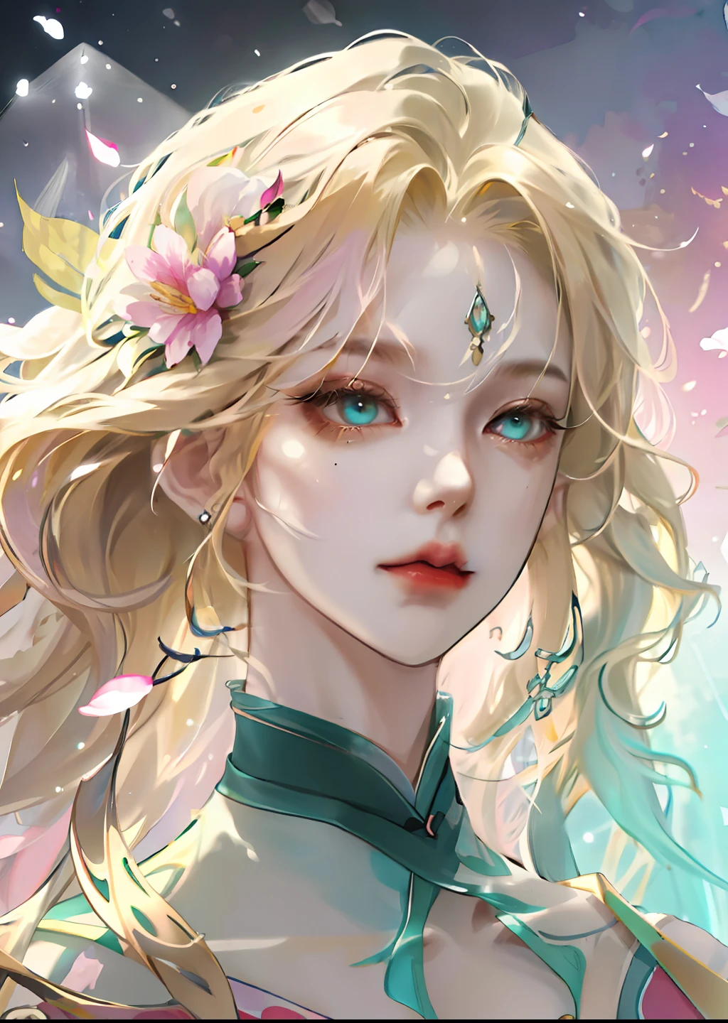 (absurdres, highres, ultra detailed), 1girl, mature female, wavy blonde hair, long hair, blunt bangs, green eyes, pink dress, finely detailed eyes and detailed face, extremely detailed CG unity 8k wallpaper, intricate details, BREAK , kaleidoscopic imagery, symmetrical patterns, vibrant colors, geometric shapes, mesmerizing designs, optical illusions, dynamic composition BREAK , pantomime art, expressive body language, silent storytelling, evocative gestures, visual narratives, theatrical performances BREAK , blooming flowers, colorful petals, fragrant scents, nature's bounty, vibrant gardens, peaceful scenery
