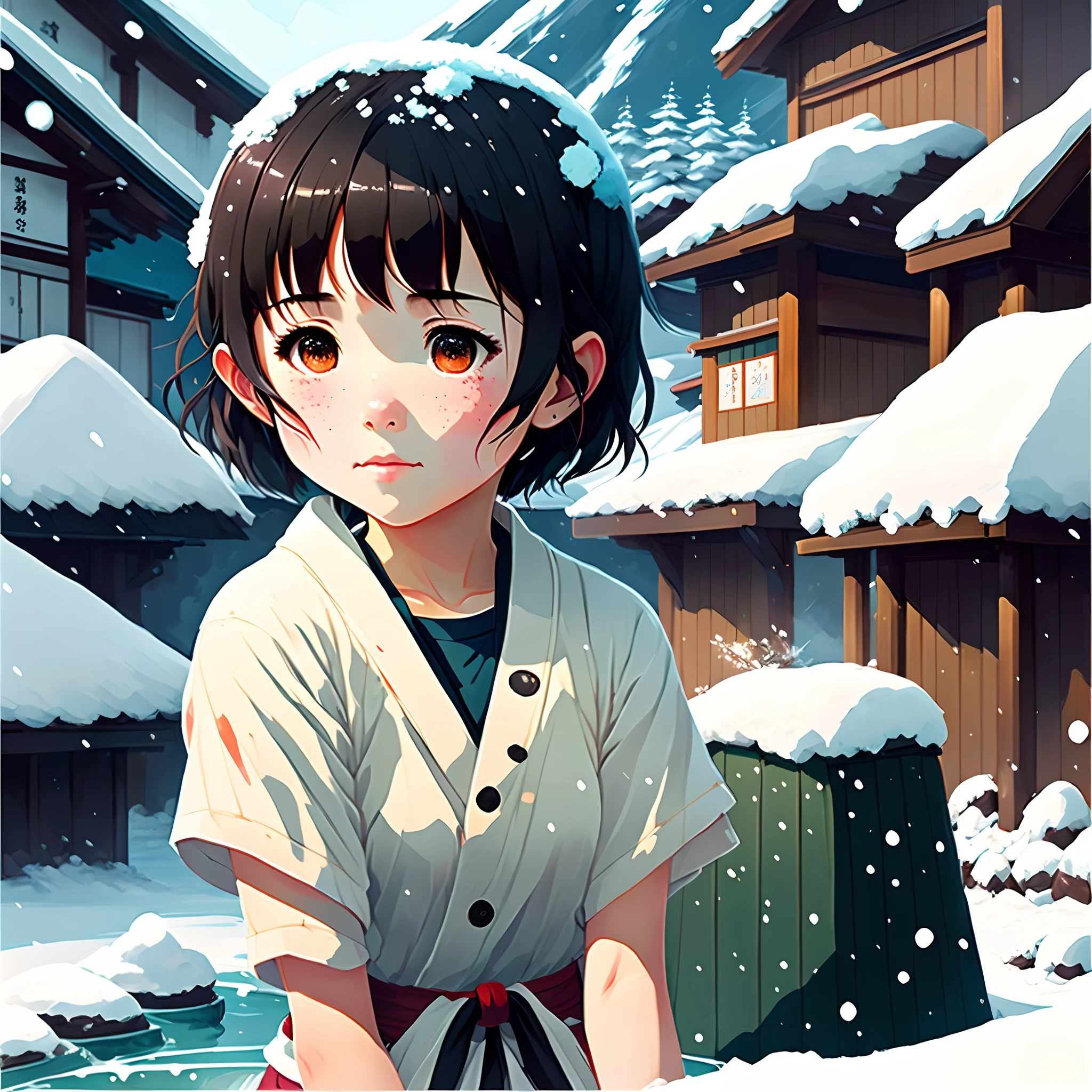 Beautiful and cute girl,hot onsen,weeping,SakuraNS,snow mountains,Makoto Shinkai painting style