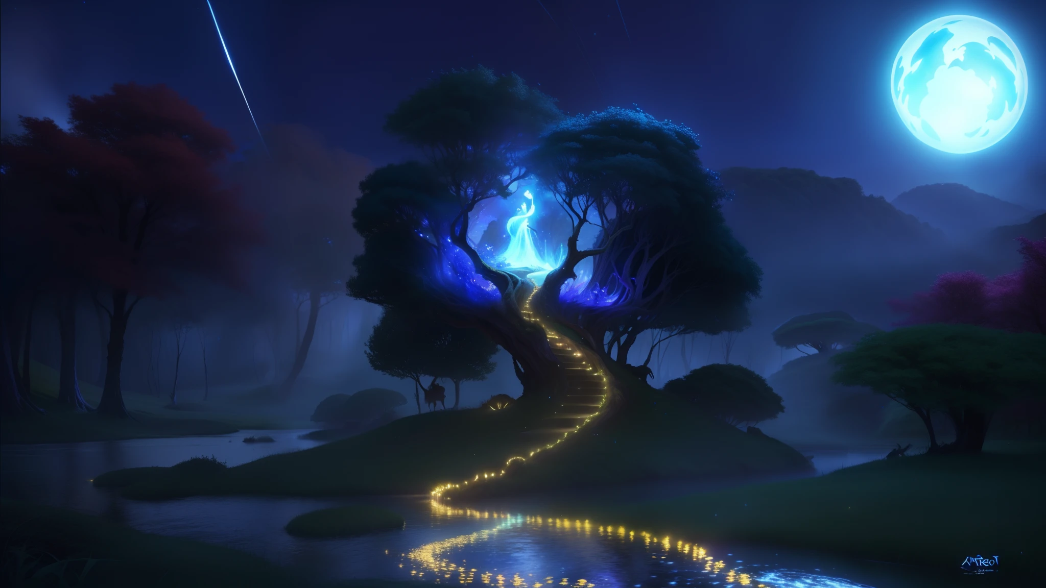 There is a tree that lights up at night, Ori y el bosque ciego, lothloen por la noche, Ori y la voluntad de los Wisps, Magical concept art, Ori y los ciegos, magic tree, Featured Magic Art Concept, magic tree, animated movie, Pintura mate arcano dota pixar, Hermoso render de un cuento de hadas, o