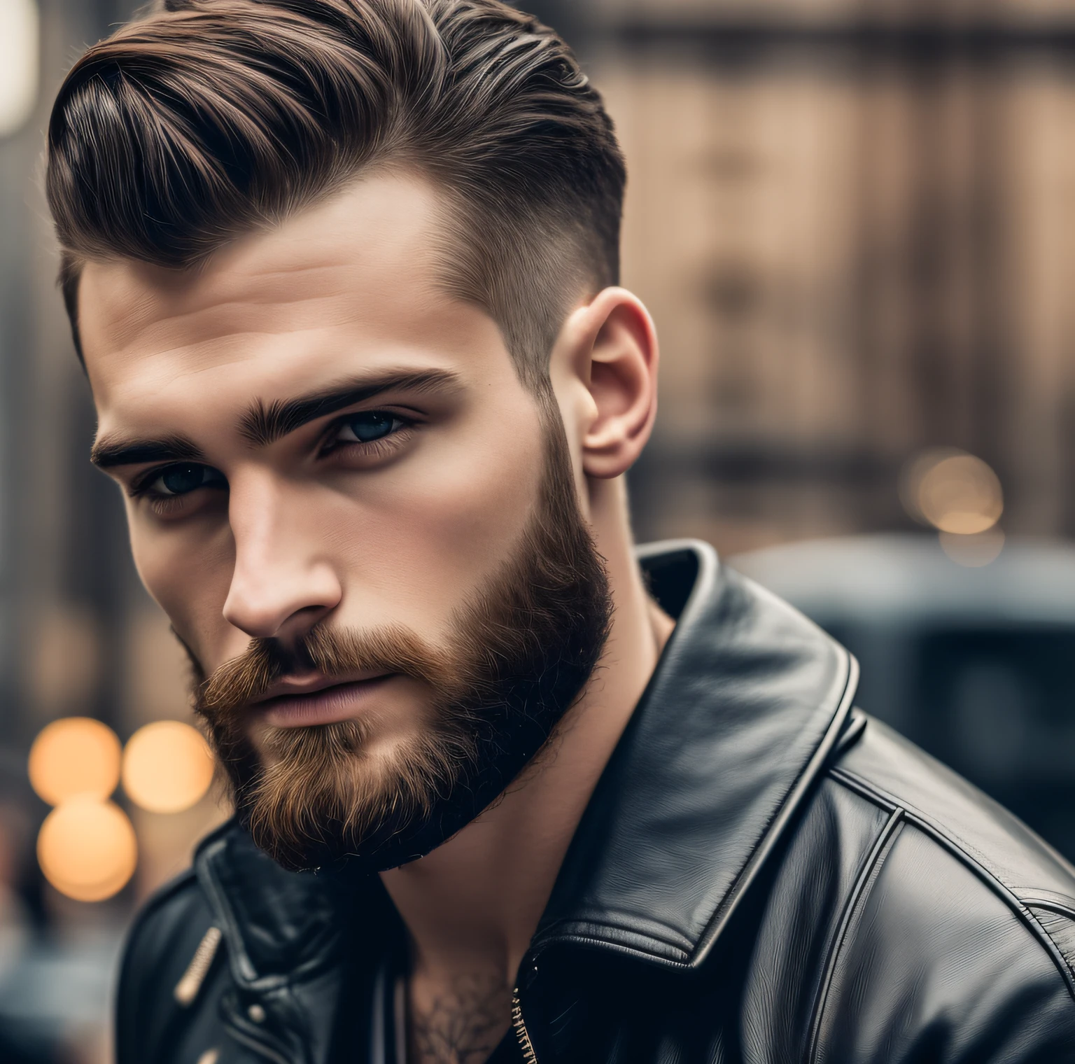 30 year old brutal man in leather jacket clothes,scars, long haircut, heretochromia, pale skin, athletic body, new york background (highly detailed skin: 1.2), 8k uhd, dslr, soft lighting, high quality, film grain, Fujifilm XT3 male, very attractive man with beard, beautiful male face, perfect beautiful face, handsome man, beautiful detailed face,  attractive man, good looking face, male face, beautiful awesome realistic, high quality portrait, beautiful attractive face, beautiful and beautiful face, beautiful and attractive