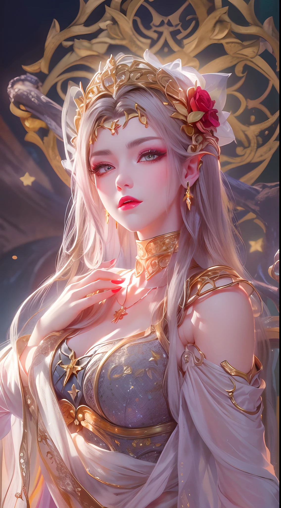 1 20 year old girl, 1 goddess Athena, pink purple silk dress, beautiful goddess Athena face without blemishes, delicate yellow nightgown, long thin sequin nightgown with many sexy black lace details, 1 beautiful thin red silk cloth half veil, female saint legend, female saint icon, beautiful goddess style glitter, dark and mysterious version, vermilion lips, plump red lips, not smiling, mouth closed, delicate and beautiful pino detailing, delicate and beautiful lip detail, , (pure and flawless face: 1.9), female saint body, round chest, big and round breasts, phoenix brooch, long flat bangs, (7-color rainbow hair: 1.9), flower stickers tattoo on forehead, beautiful clear face and well-proportioned eyes, (transparent yellow eyes: 1.8), (big round eyes and makeup, sexy wet eye makeup, very beautiful and meticulous hair makeup, long and delicate blonde hair, delicate, body image: 1.8), figure: and vivid, (stars that make up the sky: 1.7), (the sky of heaven and the fictitious gate of time and space: 1.8), fictional art, RAW photos, hanfu photos, best photos, high resolution, best quality, best photos, best goddess quality, 8k female, super 8 single saint portraits, truest color schemes, masterpieces, best beauty brands, best hair jewelry, brand real photo, dark studio, border light, two-tone lighting, (rose white skin: 1.4), (high skin detail: 1.1), 8k uhd, d slr, soft light, 8k, high quality, candid, volume Smooth and sharp, 10x pixel increase, sexy goddess, sexy goddess, (background space: 1.8), (most beautiful aurora eyes: 1.7), beautiful eyes, aurora beautiful and flowery, (beautiful single girl: 1.8), (more details:0.8),