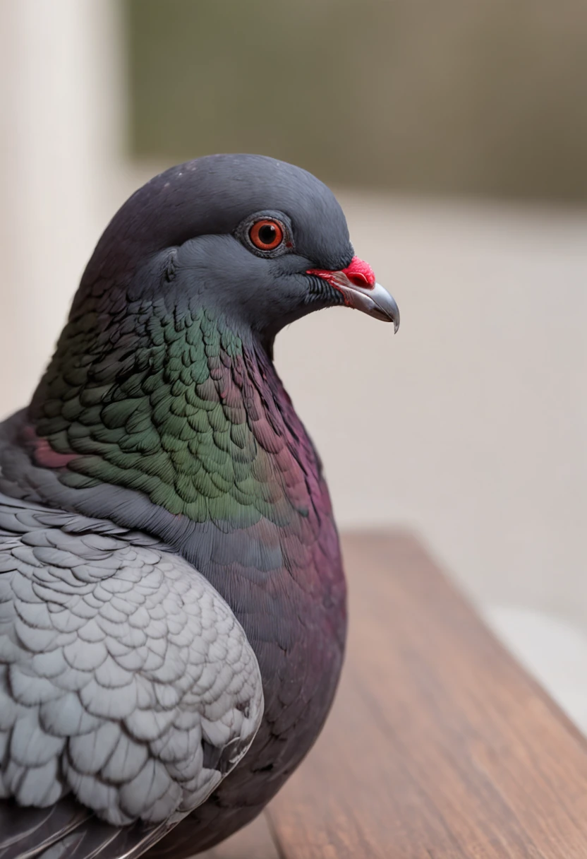 "Generate an image of a black pigeon lying on a table, seen from a distance. The pigeon should be captured from the front, with its entire body visible. Its feathers should appear disheveled and dirty, and the image should convey a natural and realistic vibe. The pigeon's legs and feet should be obscured from view due to the distance."