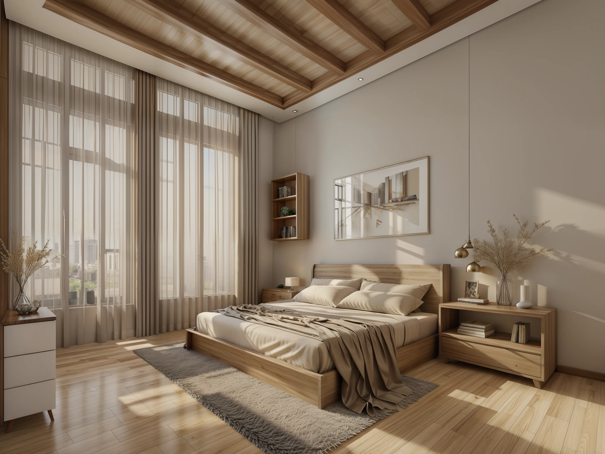 Masterpiece, high quality, best quality, realistic, super realistic, super detailed, furniture, modern bedroom, carpet, wooden floor, windows, curtains, daylight, vray,( ( plaster ceiling ,))