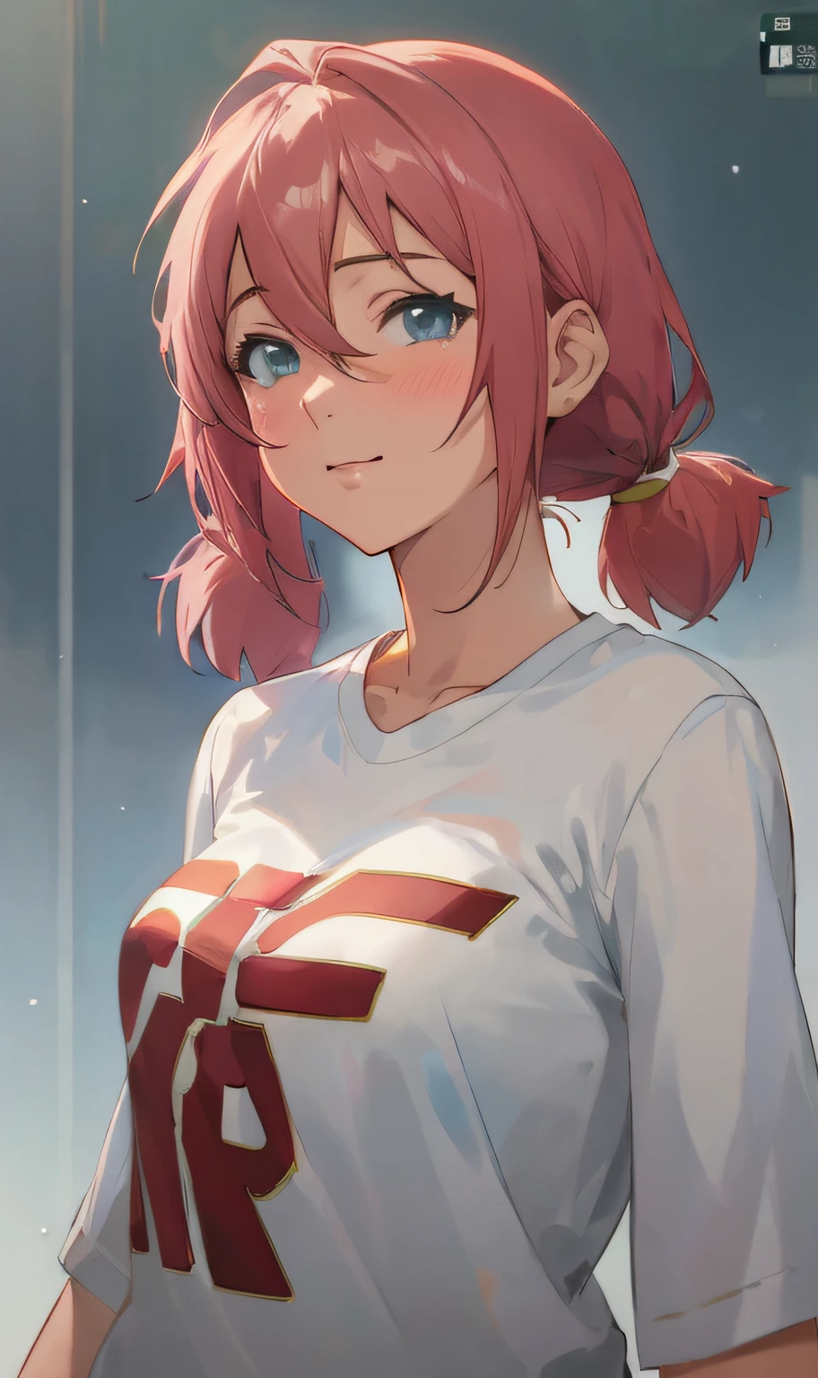 Anime girl with pink hair and white shirt with red and white letters, female protagonist 👀 :8, portrait anime girl, artgerm and atey ghailan, best anime 4k konachan wallpaper, cute anime girl portrait, smooth anime cg art, guweiz on pixiv artstation, portrait of an anime girl, cute anime girl