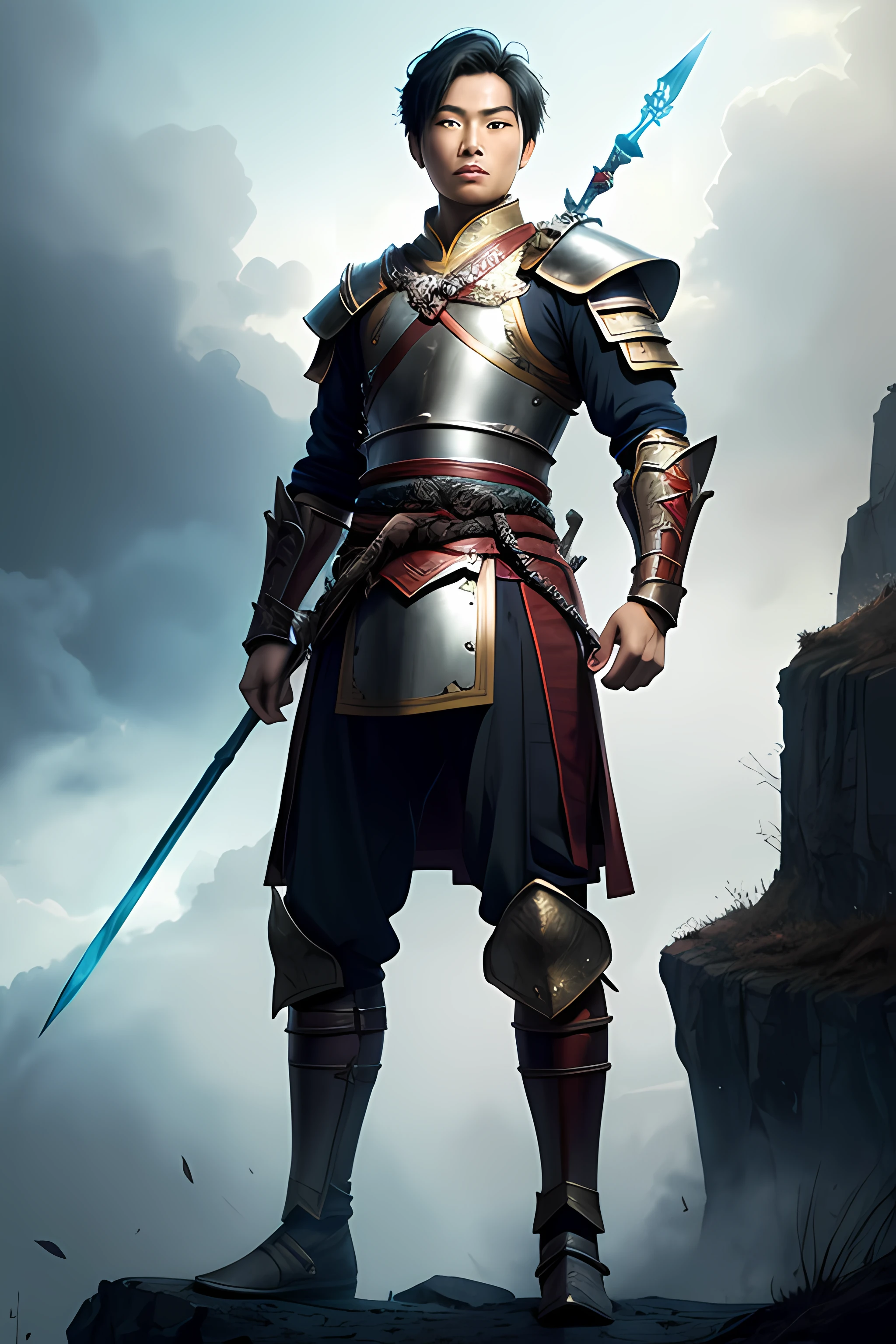 full body portrait of an asian warrior, 1boy, solo, detailed face, short black hair, blue eyes, enchanted spear, good proportions, standing on cliff, dynamic pose, looking at viewer, wearing armor, background with smoke, masterpiece, 2d art, HDR, watercolor, smooth render, high contrast, low key, anime key visual, high details