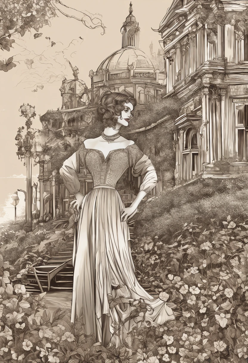 (Pure Color: 0.9), (Color: 1.1), (Masterpiece: 1,2), Best Quality, Masterpiece, High Resolution, Original, Highly Detailed Wallpaper, Beauty, Victorian, Dress, Melancholy, Big Breasts, Sepia Color, 30 years old --auto --s2