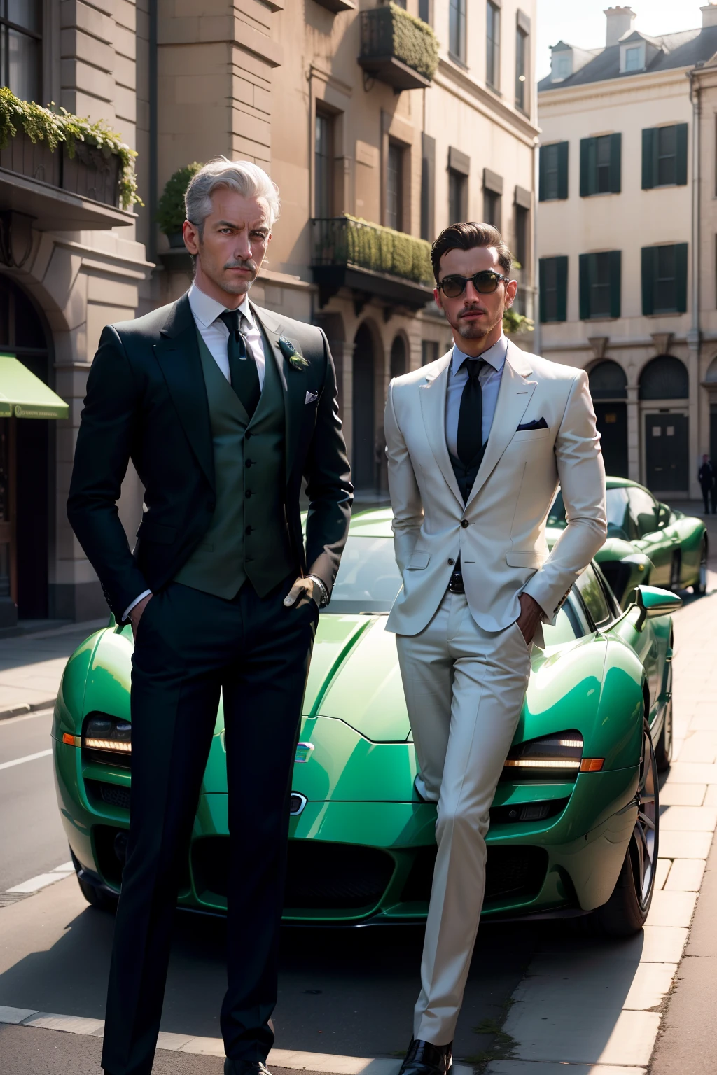 Two men stand next to a green car in front of a building, author:Bernard DeAndrea, The is very detailed, Andrew Tate drives Bugatti, author:Etienne Dressett, Etienne-Louis Bulli style, author:Julian Allen, author:Simon Malmien, author:Brian Thomas, In the sun, author:Alison Debenham