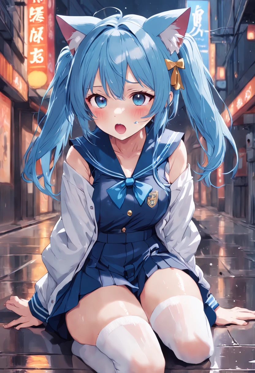 Blue hair, girly, Half body Thigh face shy cat ears White stockings No background feet JK uniform wet open mouth