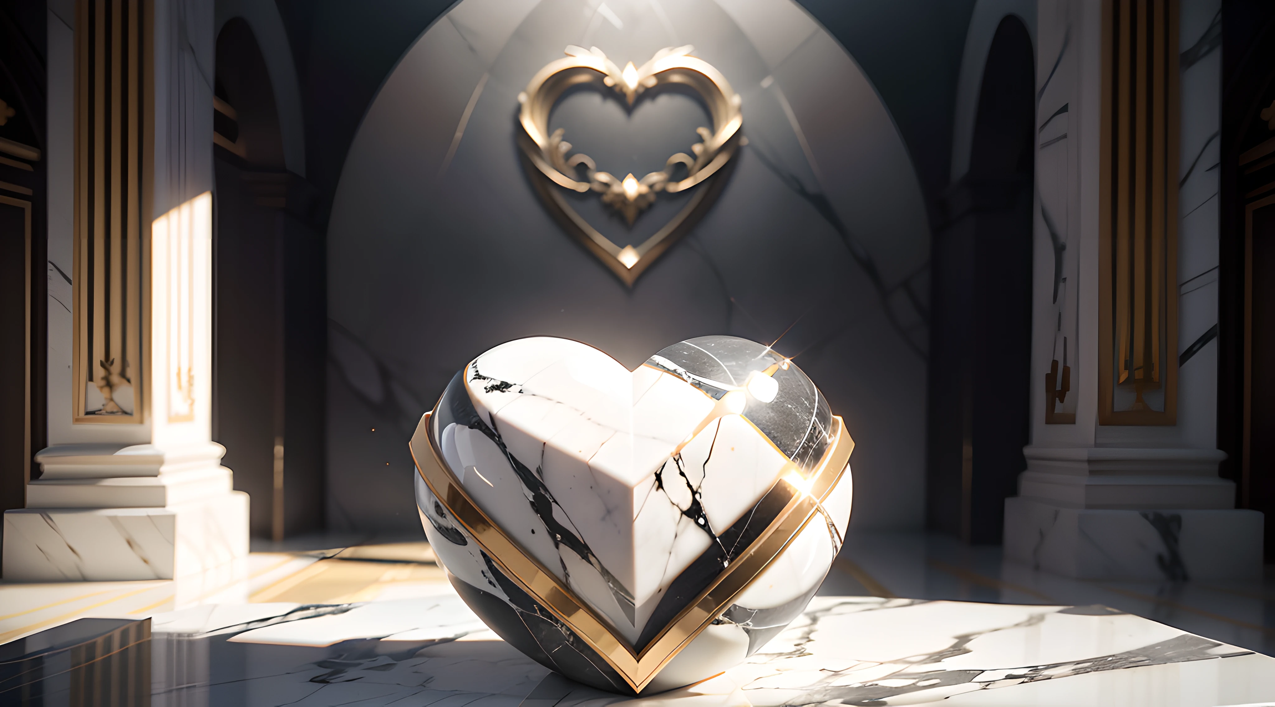 Por favor, create an Octane Render style representation of a marble heart, achieve an exceptional level of realism. The heart sculpture must be meticulously detailed, Capturando todas as texturas, marble shaft and relief with impressive precision. Authentic reflections and realistic shadows should underscore the depth of the sculpture, destacando os detalhes intrincados. Lighting must be meticulously adjusted, enhancing the nuances of marble and adding dimension to the composition. Use o ray tracing para obter reflexos precisos e melhorar a autenticidade. Renderize em UHD de 8K para uma clareza excepcional, permitindo que cada veio e detalhe se destaque. The goal is to create an image that transforms the marble heart into a visually captivating masterpiece, convidando o espectador a apreciar a beleza do material esculpido