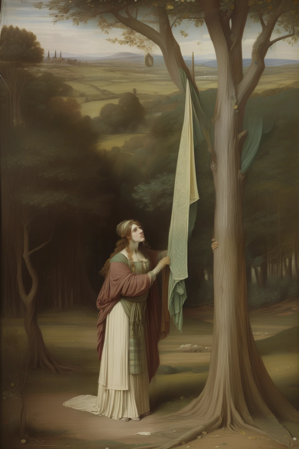 (((Pre-Raphaelite painting of poor tattered Celtic hangs a cloth from the gualet of a tree, Floresta celta)))