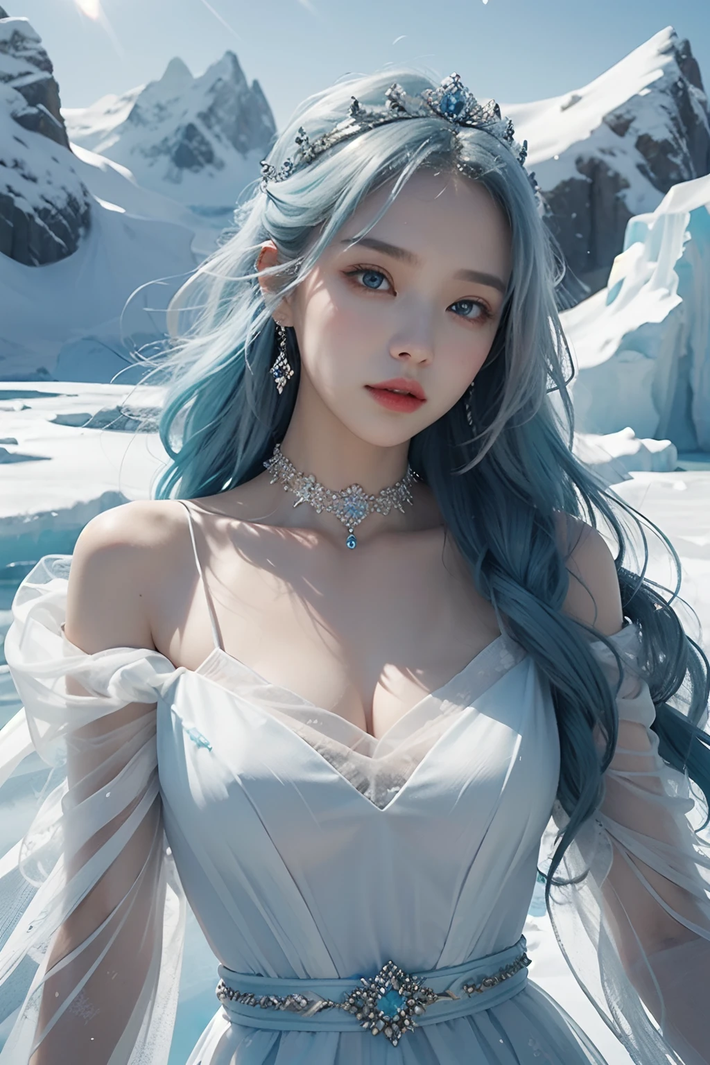 8K, Top Quality, Intricate Details, Ultra Detail, Ultra High Resolution, Masterpiece, random angle, Slender, Smile, (Makeup: 0.4), (Fluffy Blue Eyes: 1.21), blue Eyes,, ((full body)), 1girl, solo, 1 girl, (( full body)), close-up shot, , , ((tall)), (((fit body))), (((slim face))), sharp face, sharp eyes, (((blue hair, long hair, bangs )) ,(detailed face), sharp face, small lips, thin lips, ((ice Dragon)),ice crystal scales, Frost wings,Powerful ice magic,Icicles,Towering over the landscape,Ice storms,Wind,Flying snow ice and snow,
((naked)), detailed face, detailed breast, , large breast, detail, , Beautiful girl with accentuated slender abs: 1.4, Six Pack Abs: 1.4, Bust Botox, Big, Perfect Body, detail leg,