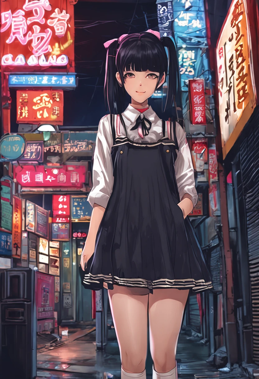 best qualtiy、Realistic Asian woman is attractively staged in the night scenery of Kabukicho。She has dark hair and、The length is characterized by crisp bangs.。She wears platform loafers and knee-high socks and、The goth outfit with the ribbon is cute、It complements the atmosphere of the night。Her face is beautiful、The sleepy look in Annuit is attractive。Precisely drawn down to the fingertip details。