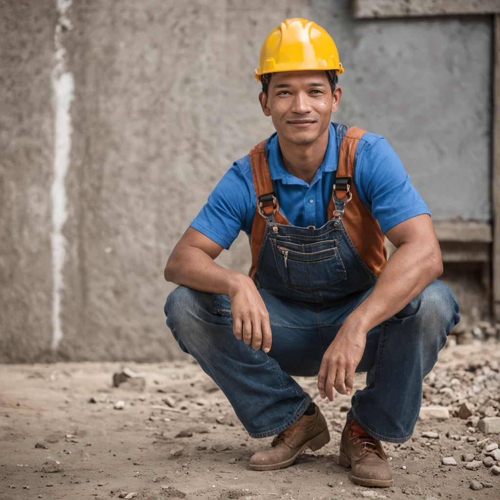 A full-body photo of a man embracing his role as a construction worker, seu traje justaposto ao ambiente urbano, Fujifilm X-T4 com 23mm f/2 lentes, dynamic urban landscape scenery, retrato de estilo de vida.