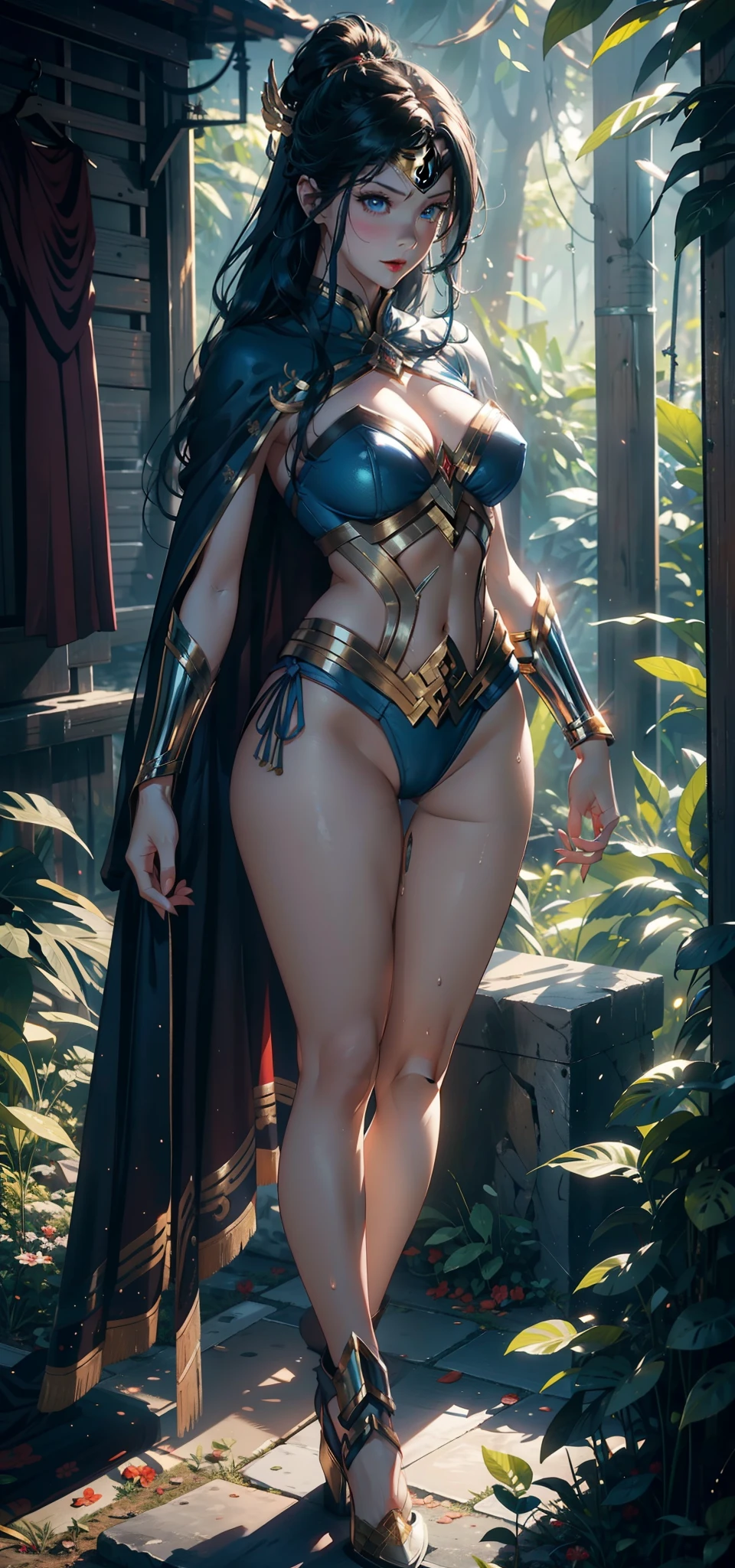 1female,35yo,熟妇,Slim,Tall,gigantic cleavage breasts,Big breasts Thin waist,slenderlegs,Pornographic exposure, 独奏,(Background with:ln the forest,the rainforest,in summer) She has long blue hair,standing on your feet,Sweat profusely,drenched all over the body,seen from the front, hair straight, mostly cloudy sky,(((tmasterpiece),(Very detailed CG unity 8K wallpaper),best qualtiy,cinmatic lighting,detailed back ground,beatiful detailed eyes,Bright pupils,blue color eyes,Redlip(Very fine and beautiful),(Beautiful and detailed eye description),ultra - detailed,tmasterpiece,)),facing at camera,(Full body photo),Show shoes,A high resolution,ultra - detailed),revealing breasts,Bare genitalia, Lower body elevation,Raised sexy,Camel toes,Flushed complexion,Open-mouthed,frontage,Gold Saint Seiya(Wearing:Wonder Woman uniform,Sex shorts,Cloak),full bodyesbian,Show shoes