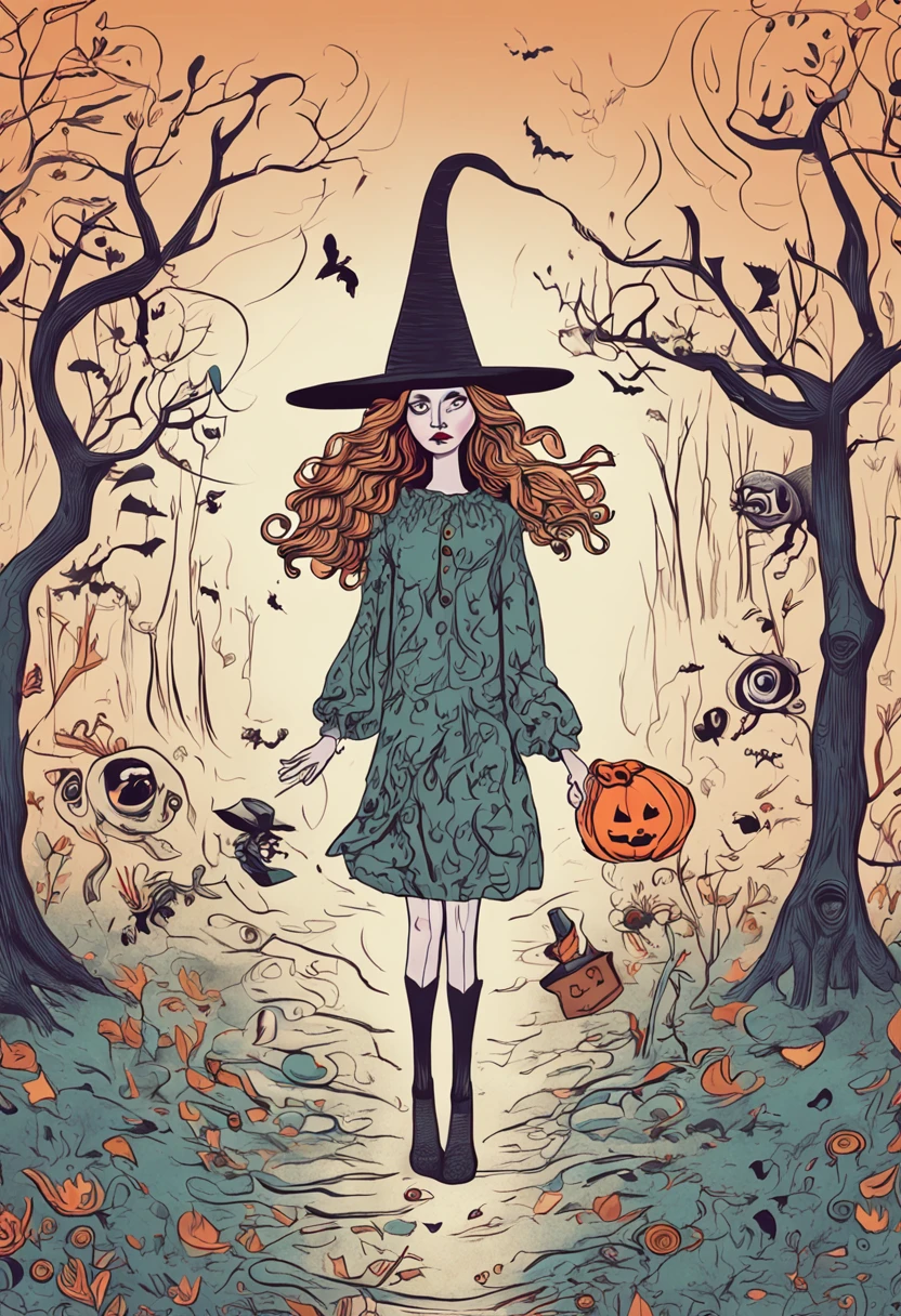 girl witch with large head big eyes big hair thin body and thin long legs wearing big shoes:: (quirky, gothic, macabre, whimsical, surreal, darkly comedic, fantastical, eerie, expressionistic, haunting):: (intricate, detailed, bold, vibrant, imaginative, fantastical, nature-inspired, occult, mythological, graphic novel)::