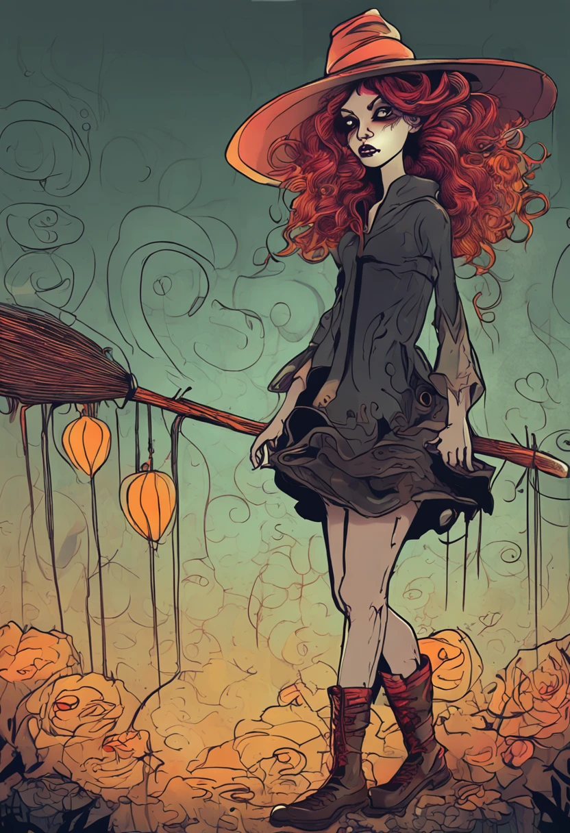 girl witch with large head big eyes big hair thin body and thin long legs wearing big shoes:: (quirky, gothic, macabre, whimsical, surreal, darkly comedic, fantastical, eerie, expressionistic, haunting):: (intricate, detailed, bold, vibrant, imaginative, fantastical, nature-inspired, occult, mythological, graphic novel)::