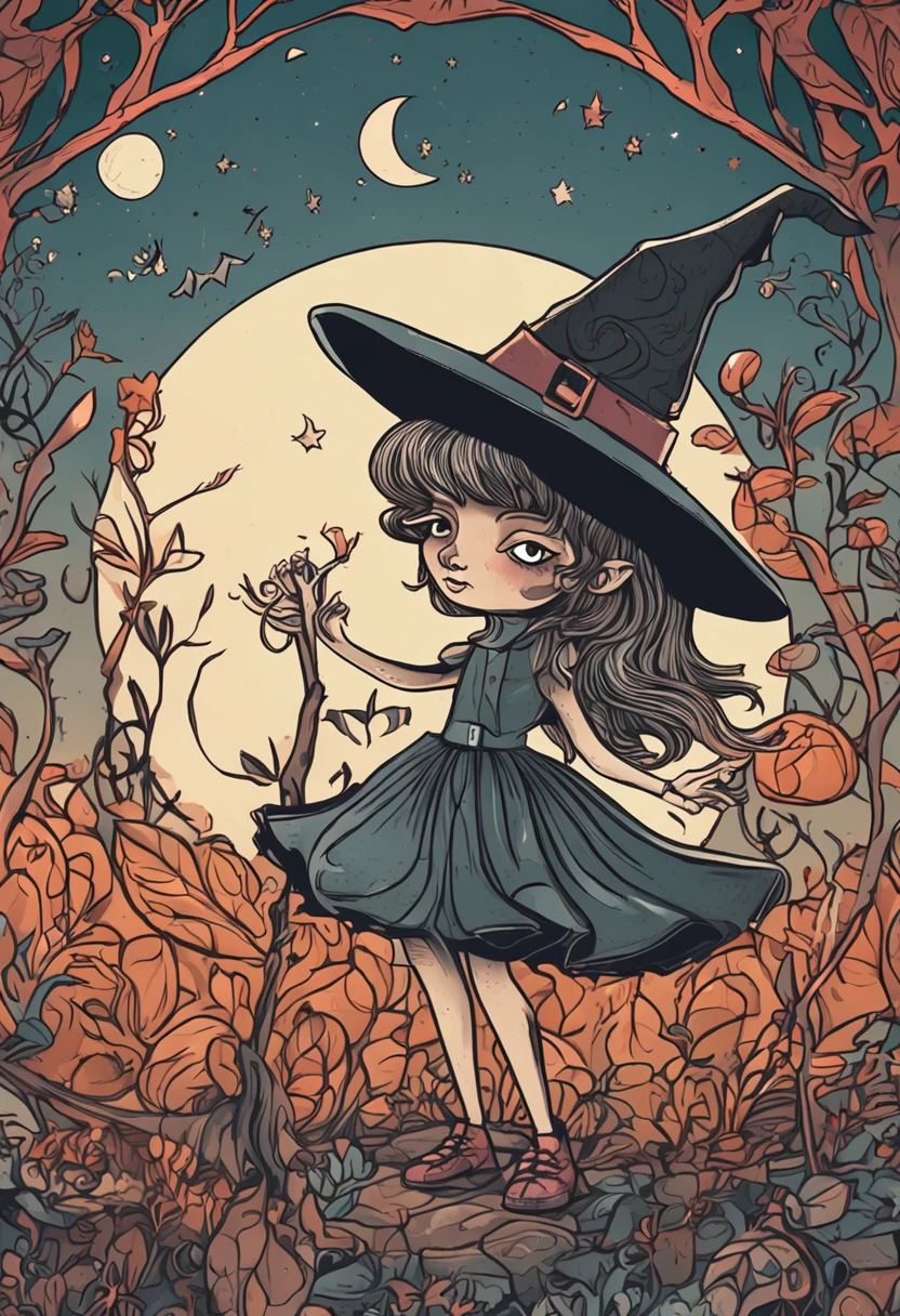 girl witch with large head big eyes big hair thin body and thin long legs wearing big shoes:: (quirky, gothic, macabre, whimsical, surreal, darkly comedic, fantastical, eerie, expressionistic, haunting):: (intricate, detailed, bold, vibrant, imaginative, fantastical, nature-inspired, occult, mythological, graphic novel)::