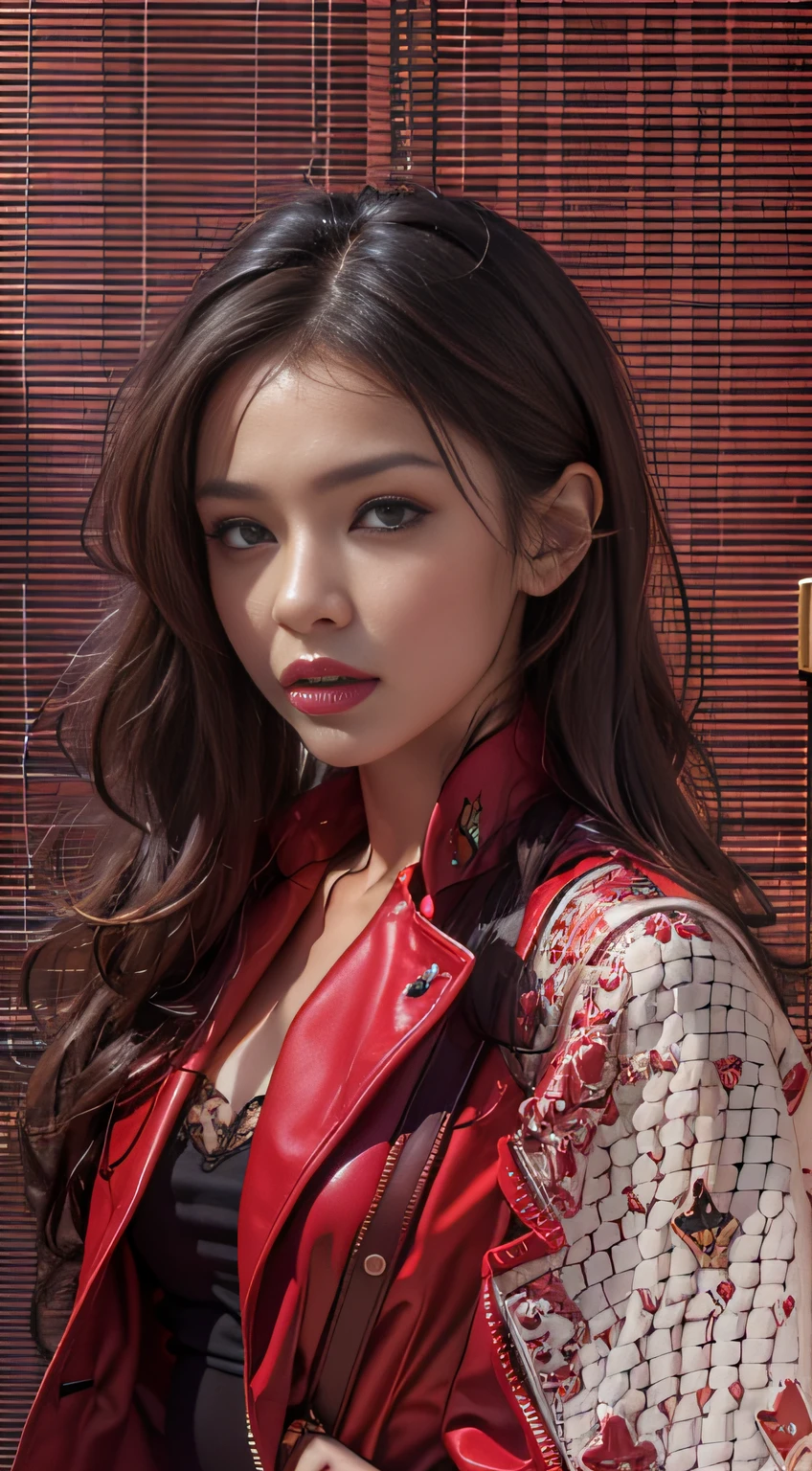 Photorealistic, A high resolution, 1womanl, Solo, Hips up, view the viewer, (Detailed face),Red trench coat,middlebreast:1.1,dress:1.1,Red dark V dress,Left-breasted rose,brunette,Long hair,Look at the lens at a 45-degree angle to the slight side of the face,casino background,Take poker action