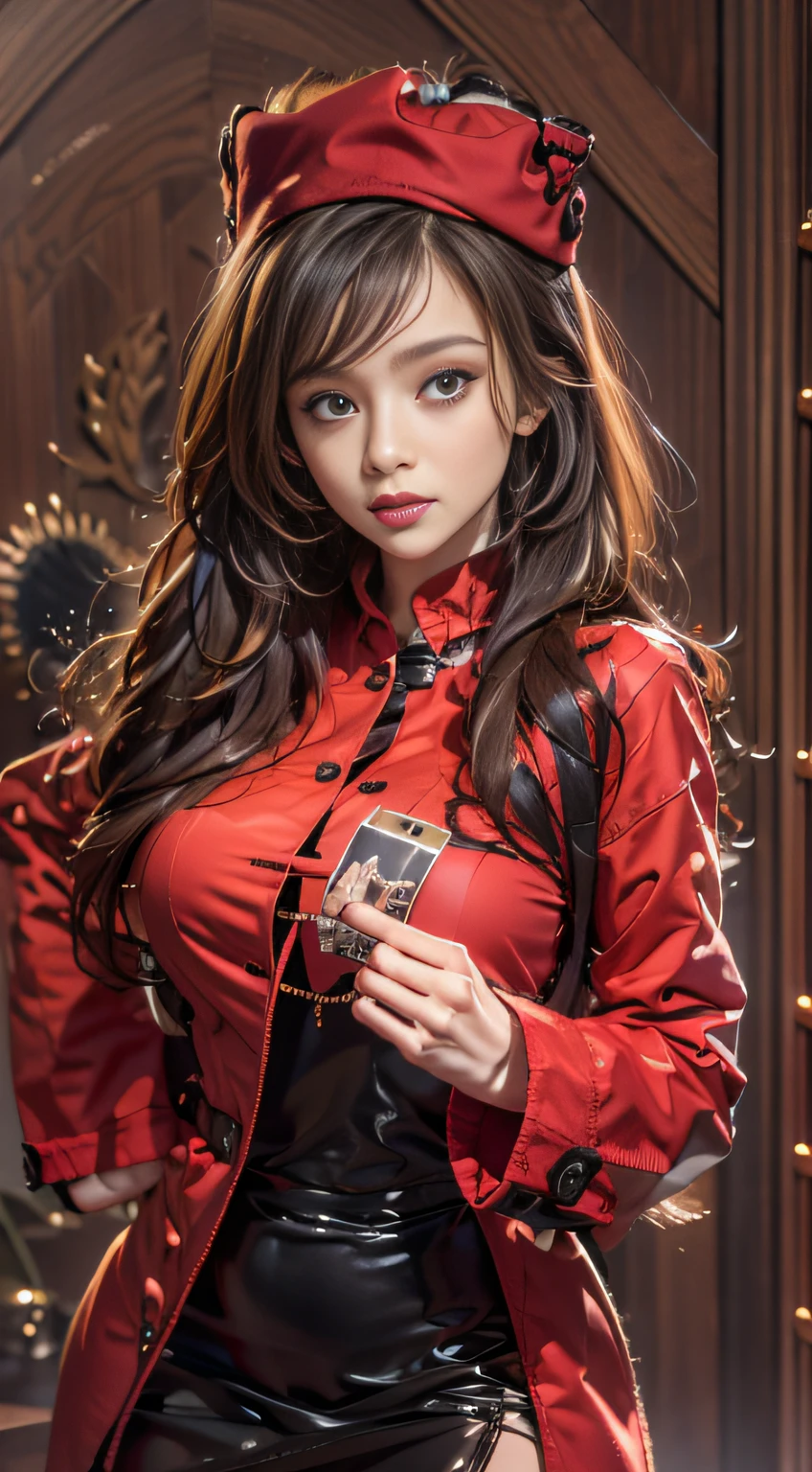 Photorealistic, A high resolution, 1womanl, Solo, Hips up, view the viewer, (Detailed face),Red trench coat，middlebreast：1.1，dress：1.1，Red dark V dress，Left-breasted rose，brunette，Long hair，Look at the lens at a 45-degree angle to the slight side of the face，casino background，Take poker action