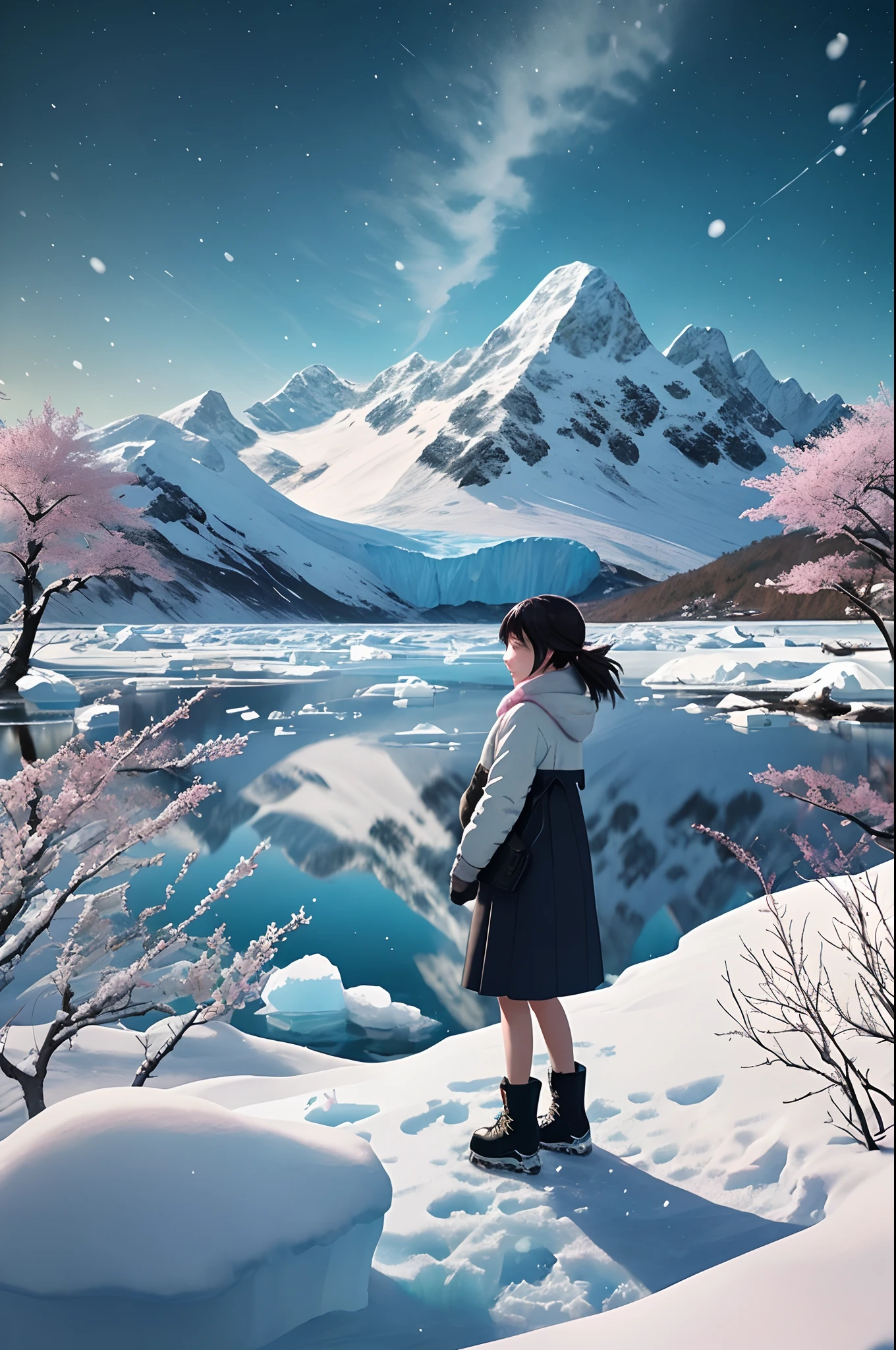 Beautiful cute petite girl,You can't see the ice field with a flat head,Heavy winds and snow,The girl's tears froze,Pink cherry blossoms,NOhumans,Icebergs all around,There is a lake on the snowfield,There is light in the sky,Makoto Shinkai painting style