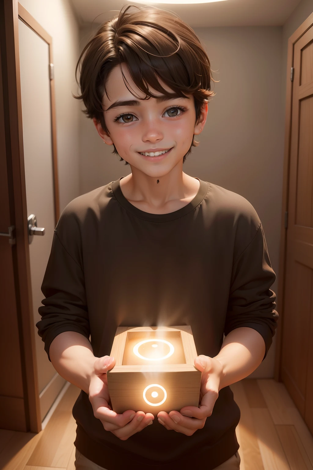 um com sorriso bonito, brown hair, solid circle eyes, sorriso leve, camisola verde e banca com riscas verticais, super detalhe, accuracy, best quality, sem antecedentes, segurando um cubo magico com cores nas laterais irradiando luz, num fundo de quarto, with magical portals opening from behind