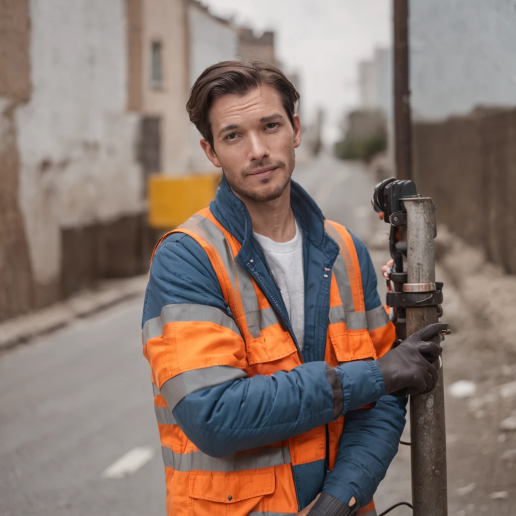 A full-body photo of a man embracing his role as an electrician on urban roads, seu traje justaposto ao ambiente urbano, Fujifilm X-T4 com 23mm f/2 lentes, dynamic urban landscape scenery, retrato de estilo de vida.