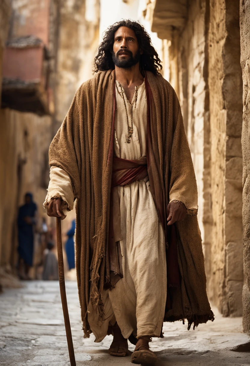 Obra prima, jesus Cristo caminhando ao lado de um homem de pele morena claro (pardo) de cabelo afro cacheado curto, with in ancient Jerusalem (cidade Baseada no filme "The Passion of Christ") rostos diferentes com roupas judaicas, etnia israelense,
