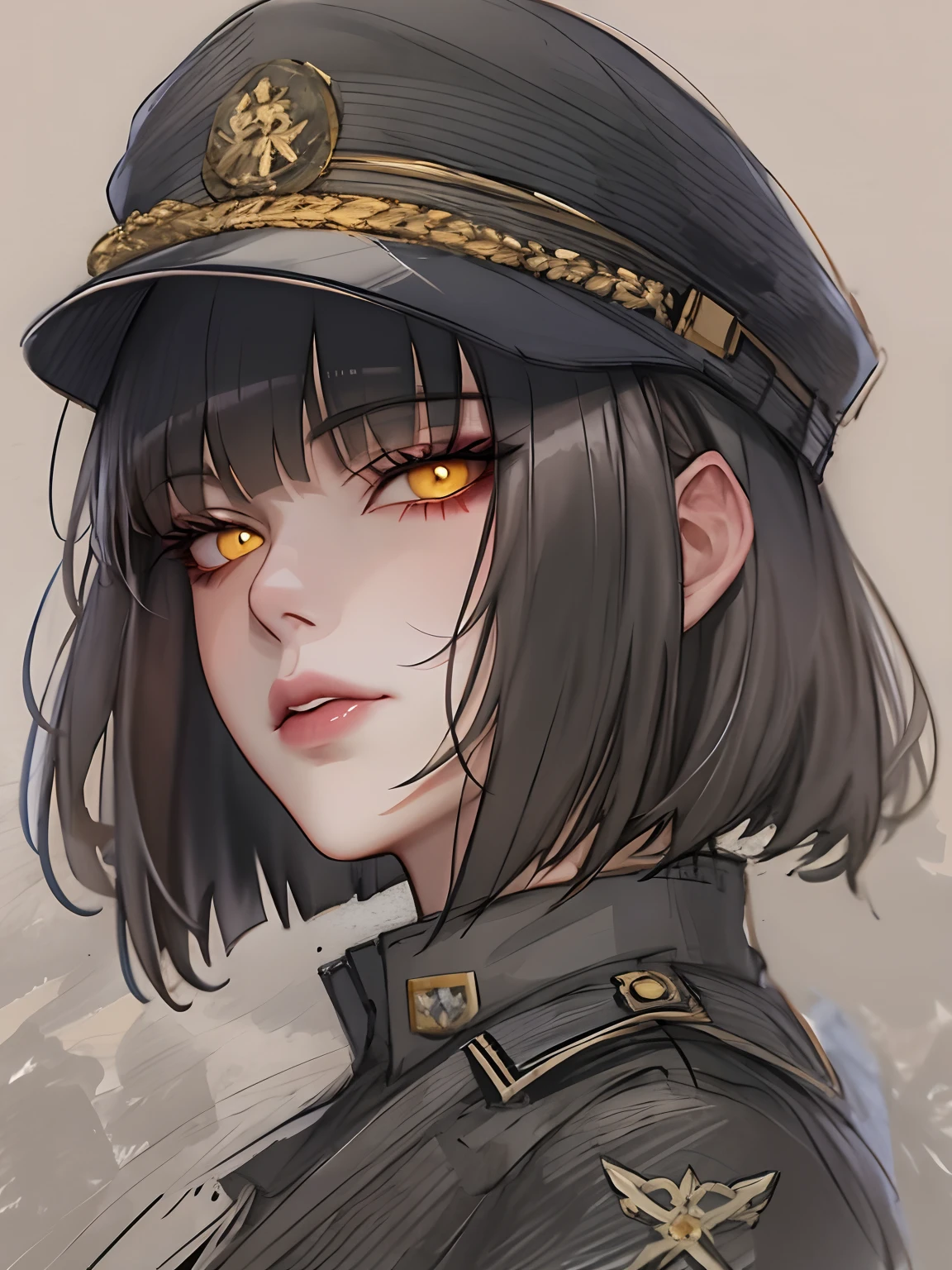 1girl, villainy, Yellow eyes, Bangs, blunt bangs, bob cut, closed mouth, lips, looking a viewer, Portrait, Short hair, Sketch, 独奏, black military uniform, cap, Portrait