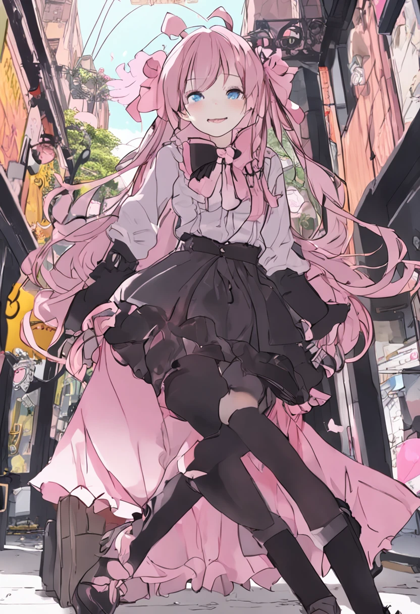 best qualtiy、Live action、realisitic、girl with、asian human、Mine makeup、Kabukicho、pink there、A black、Platform loafers、knee high socks、A dark-haired、long、Patsun、bow ribbon、Gothic lolita、cute little、Beautie、enticing、natta、looks sleepy、boredom、Detail at your fingertips