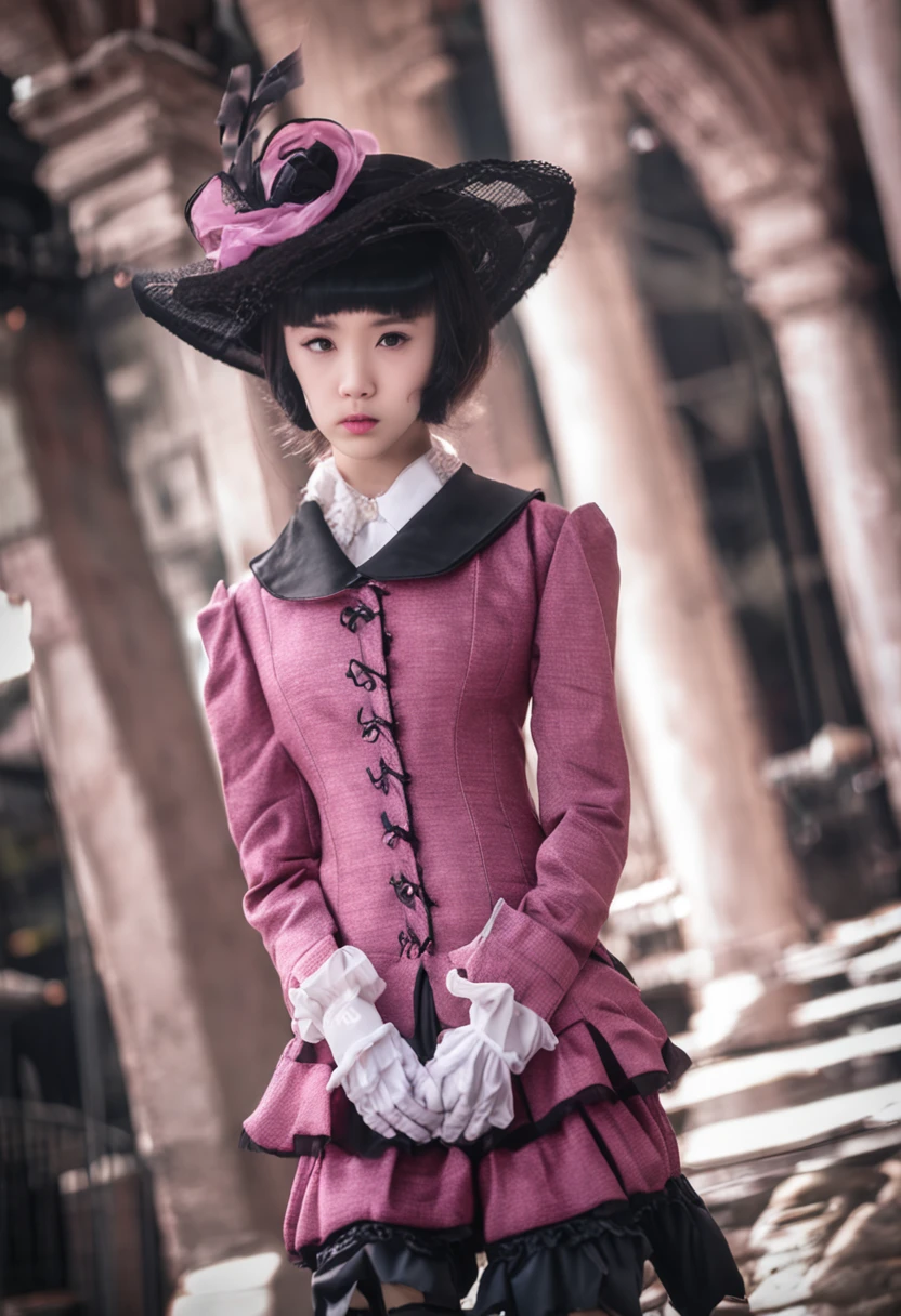 best qualtiy、Live action、realisitic、girl with、asian human、Mine makeup、Kabukicho、pink there、A black、Platform loafers、knee high socks、A dark-haired、long、Patsun、bow ribbon、Gothic lolita、cute little、Beautie、enticing、natta、looks sleepy、boredom、Detail at your fingertips