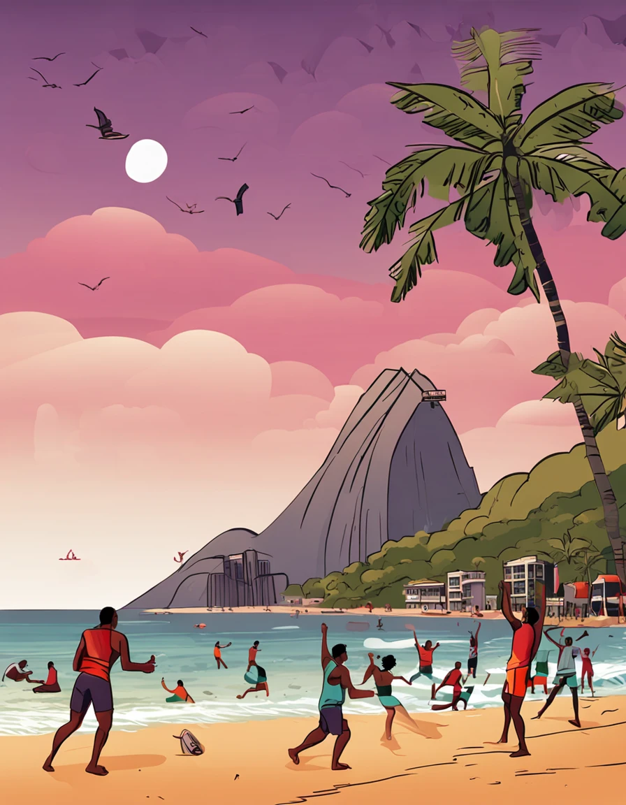 Ilustre uma cena ensolarada de praia no Rio de Janeiro, with people playing volleyball, praticando capoeira e relaxando na areia. Include Sugarloaf Mountain and the city's characteristic skyline.