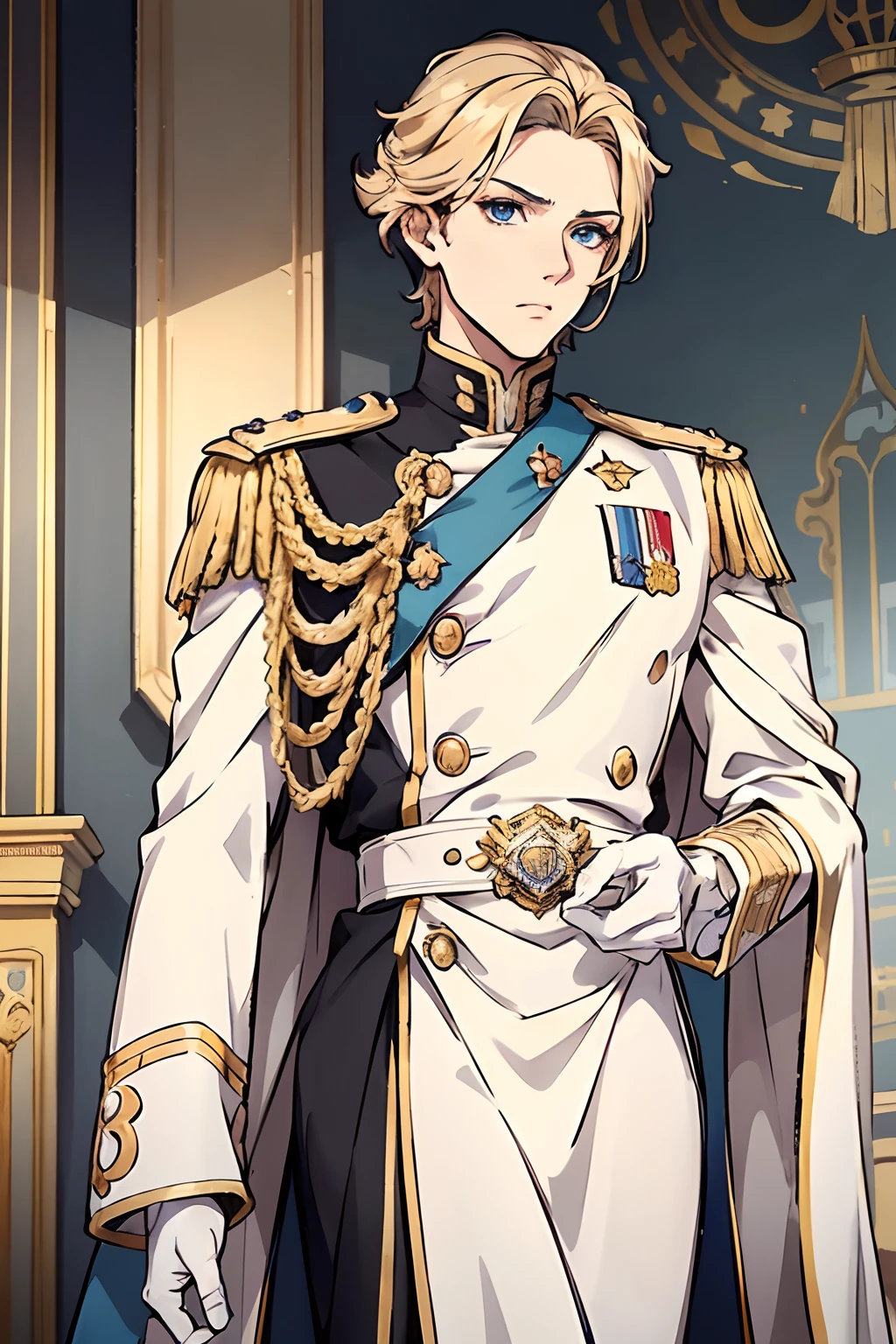 Prince, prince uniform, gold white uniform, golden shoulder pattern, military badge, detailed clothes, white gloves, shoulder hair, golden hair, thin hair, ocean blue eyes, detailed eyes beautiful eyes, golden eyelashes, arrogant look, mean expression, tall, masterpiece, castle background, royal castle