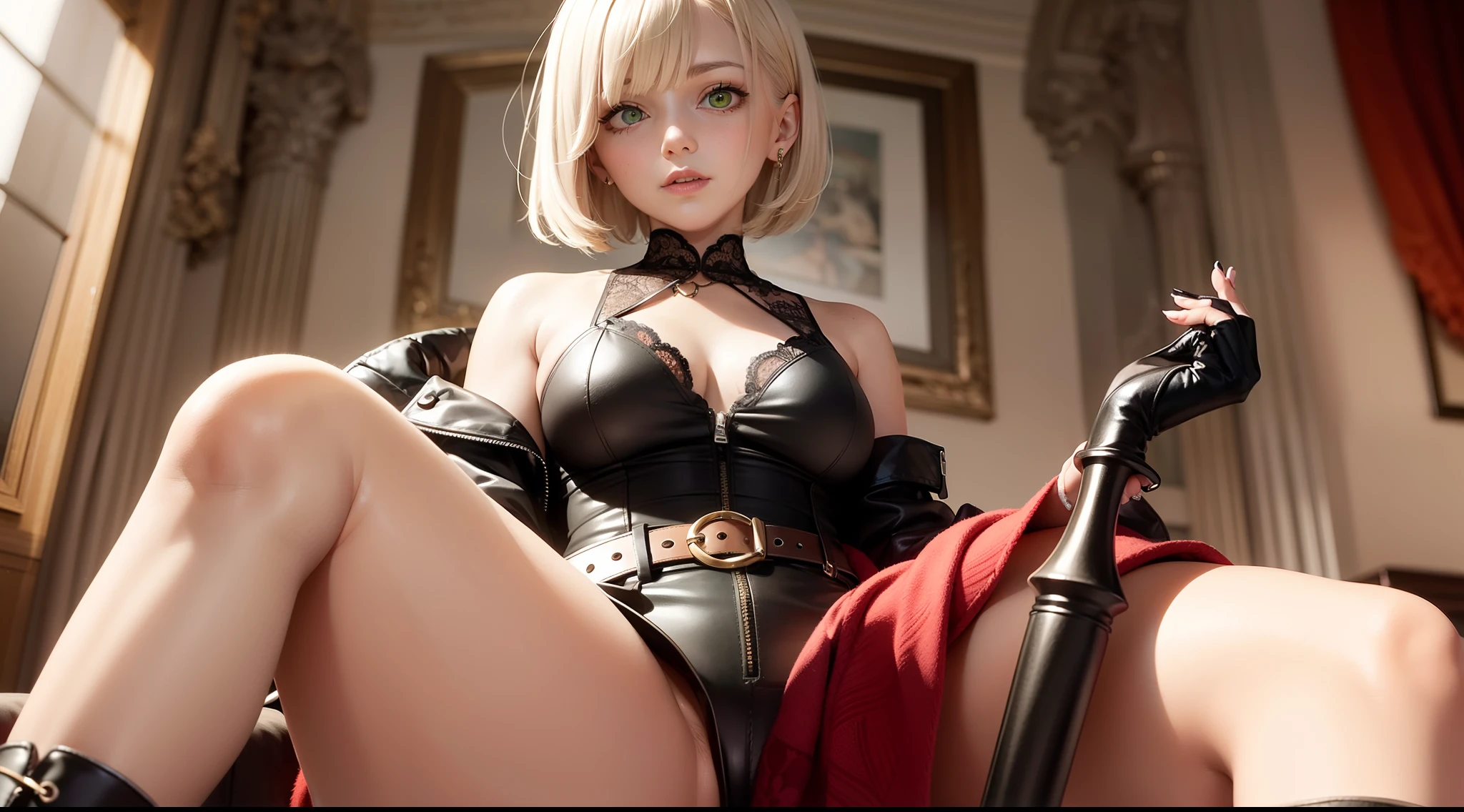 one female, shoulder-length wavy short blonde hair, Her bangs are cut in a straight manner but with a stylish, deliberate
skew that almost covers her one eye in a mysterious way. Heterochromia, (one green eye and one yellow eye).
She wears an outfit with lace. The outfit consists of combination of black and deep red. Has a tattoo on her shoulder.
She wears Boots, Fingerless gloves and a belt. She holds a dagger