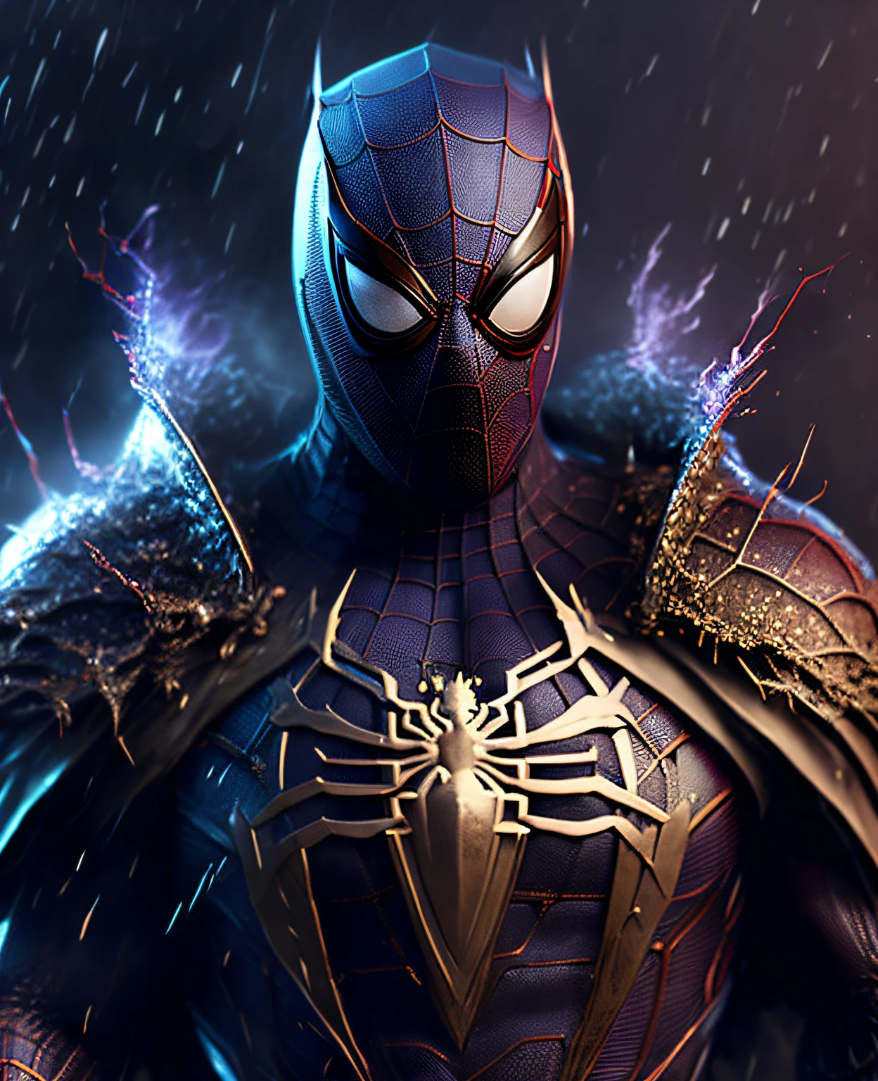 Close-up (Divine Spider-Man in Viking style: 1.3) emerging from wet black mud, extremely detailed, smoke, sparks, metal shavings, flying debris, volumetric light, cloak, shoulder pads, armor, bust