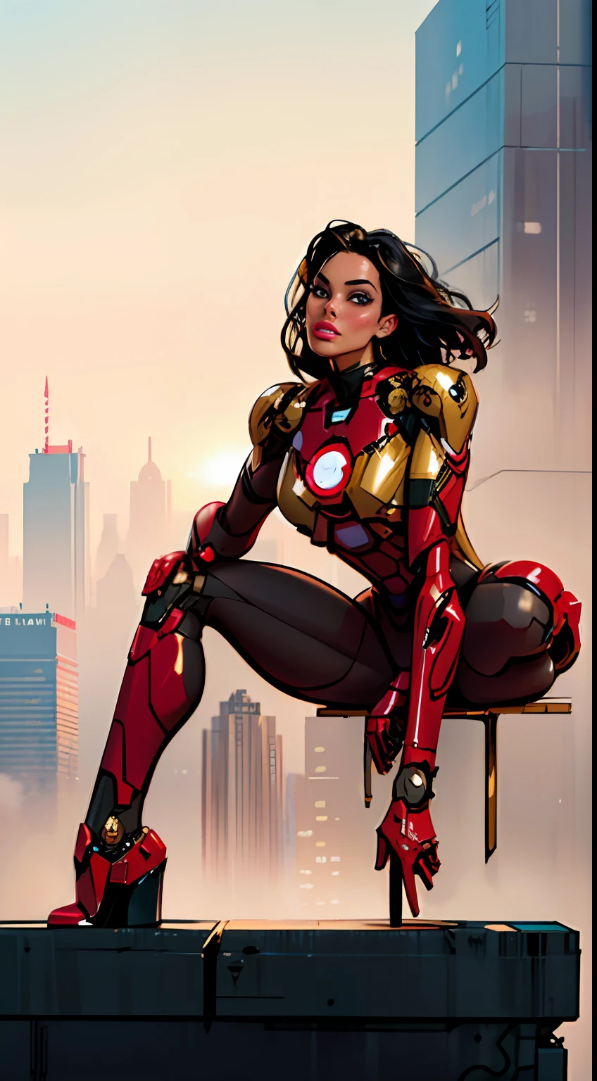 RAW, Masterpiece, Ultra Fine Photo,, Best Quality, Ultra High Resolution, Photorealistic, Sunlight, Full Body Portrait, Stunningly Beautiful,, Dynamic Poses, Delicate Face, Vibrant Eyes, (Side View) , she is wearing a futuristic Iron Man mech, red and gold color scheme, highly detailed abandoned warehouse background, detailed face, detailed and complex busy background, messy, gorgeous, milky white, high detailed skin, black hair, realistic skin details, visible pores , sharp focus, volumetric fog, 8k uhd, dslr camera, high quality, film grain, fair skin, photorealism, lomography, sprawling metropolis in futuristic dystopia, view from below, translucent