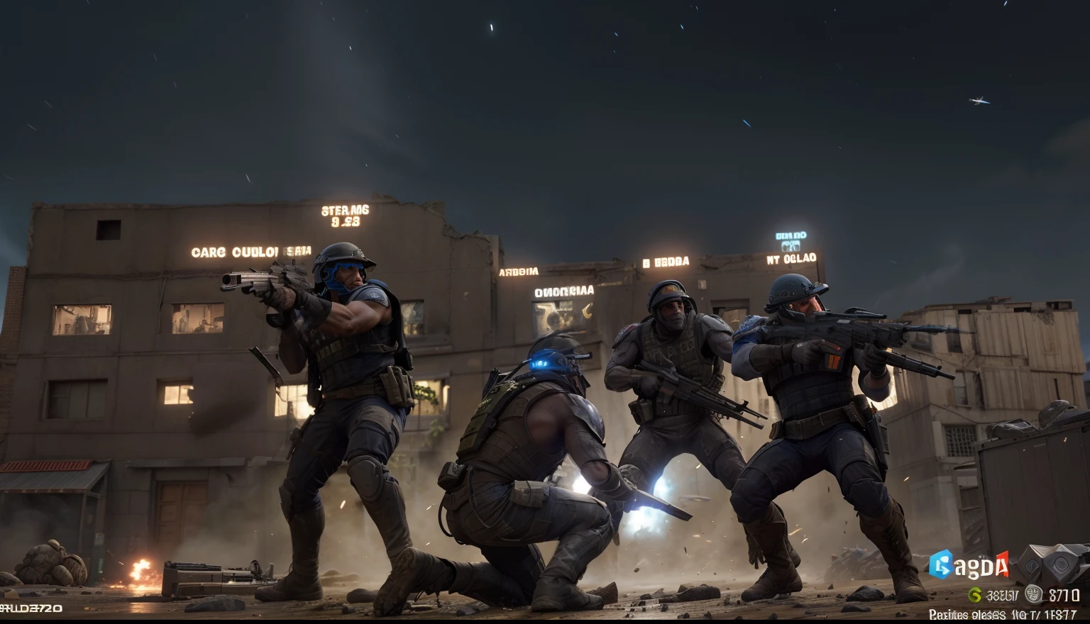 a group of people in front of a building at night, squad fighting the enemy, no jogo, no jogo, in - jogo, Roblox Captura de tela, cena de combate, Imagens do jogo, in - imagens do jogo, gameplay screenshot with ui, captura de tela digital, Captura de tela de um FPS, membros da tribo atacando, action scene screenshot, Captura de tela do videogame>, na captura de tela do jogo. escreva o nome okaida nessa imagem