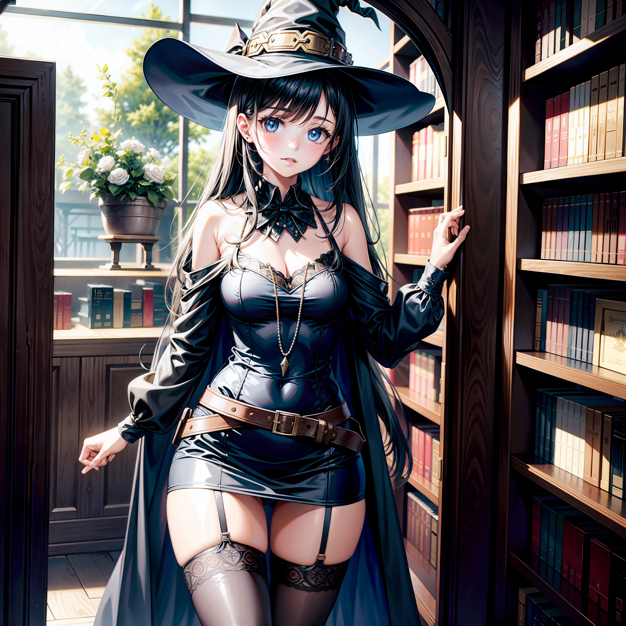 1girll，Western-style witch costume，inside a library，black lence stockings