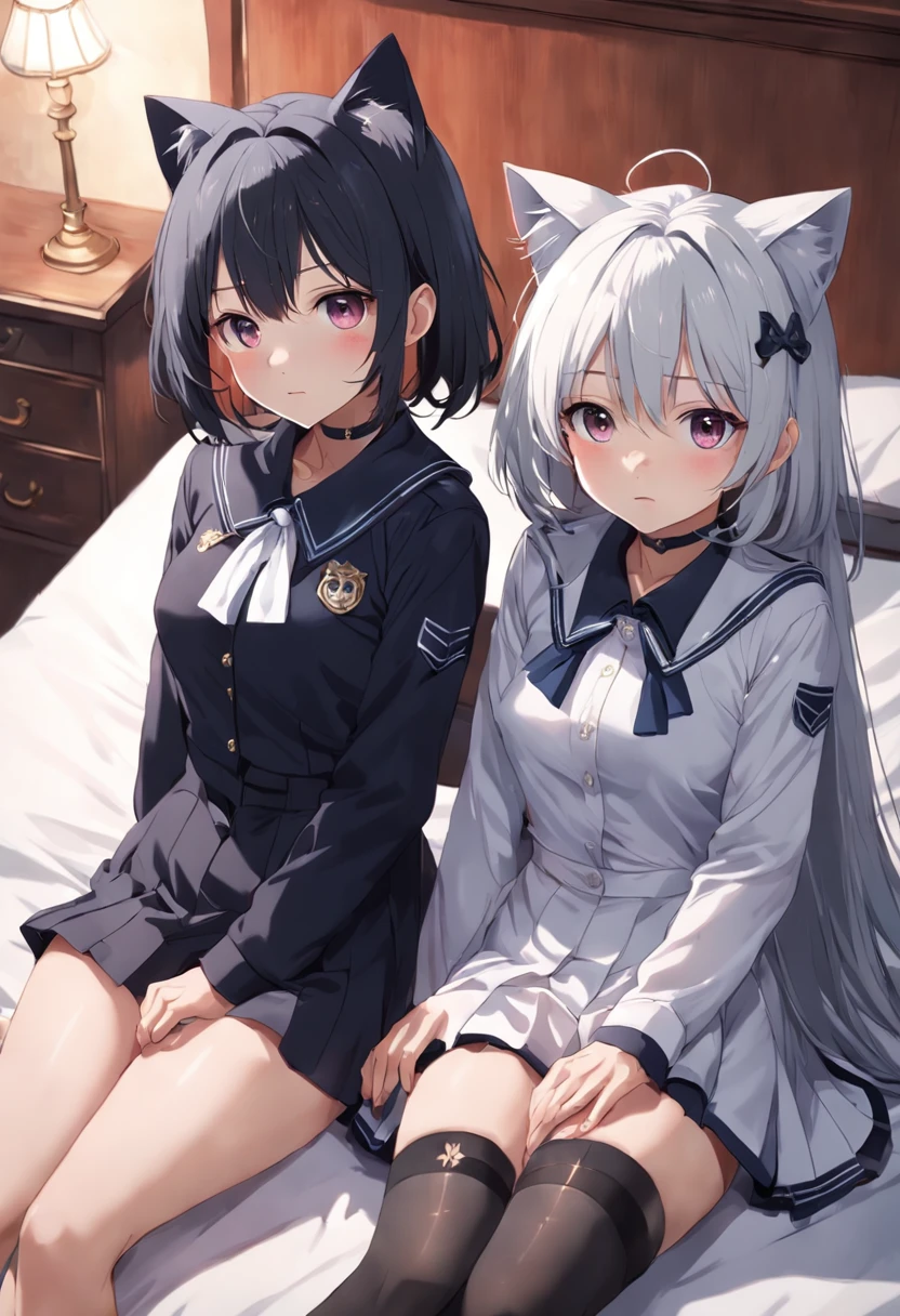 Gray hair, Two teenage girls, Half body thighs face shy cat ears black stockings JK uniform at the foot of the white bed