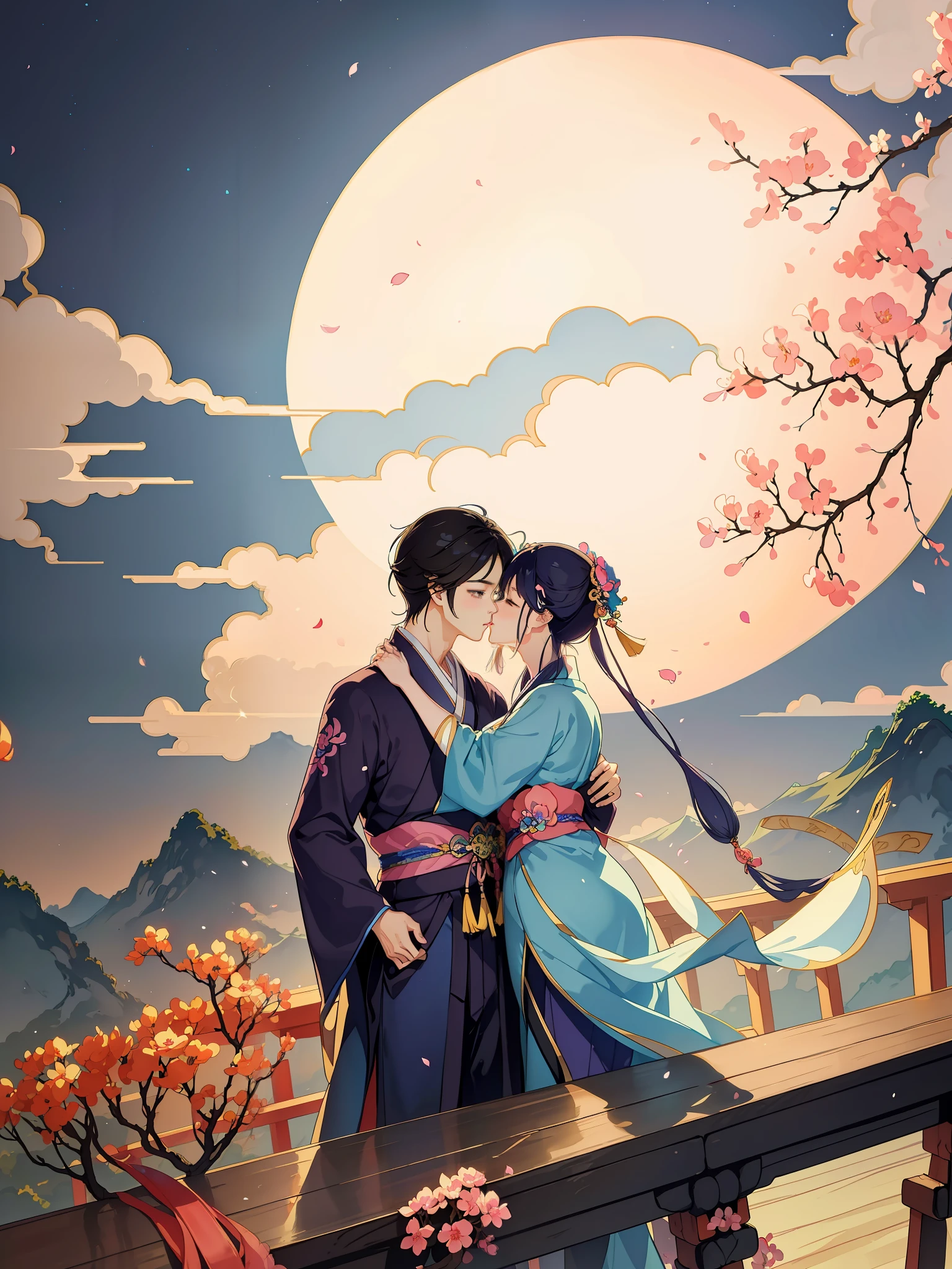 A couple kisses on a bridge, Guviz-style artwork, high qulity,korean art nouveau anime, Anime Paintings, Anime Pictures, A beautiful artwork illustration