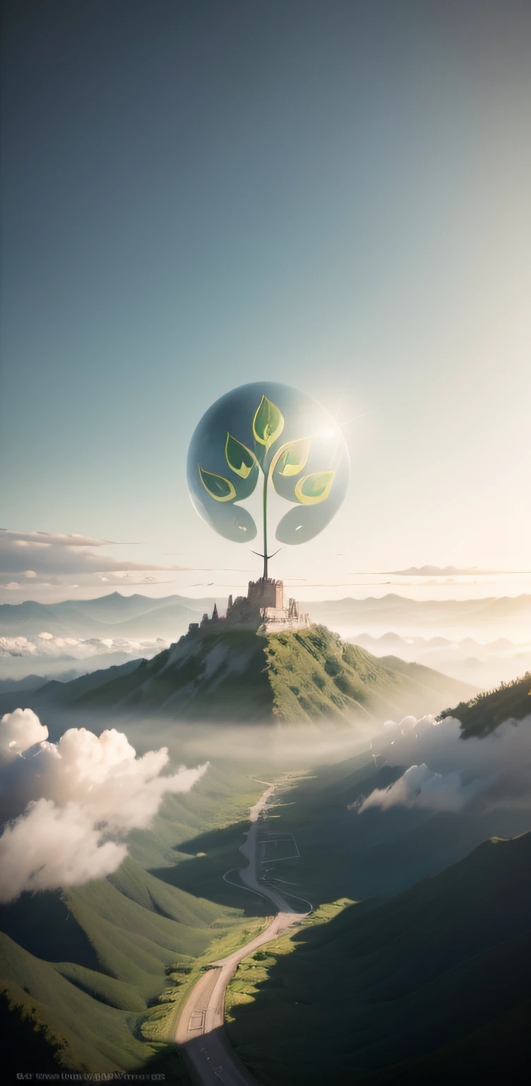photorealestic，Realiy，Beautiful and enchanting scenery，Beautiful early morning sun，blue-sky，High hills，green plant，Close-up Shot Shot，dreamy scenes，high detal，Stunning graphics，32K，Bird's eye view，Overhead shot