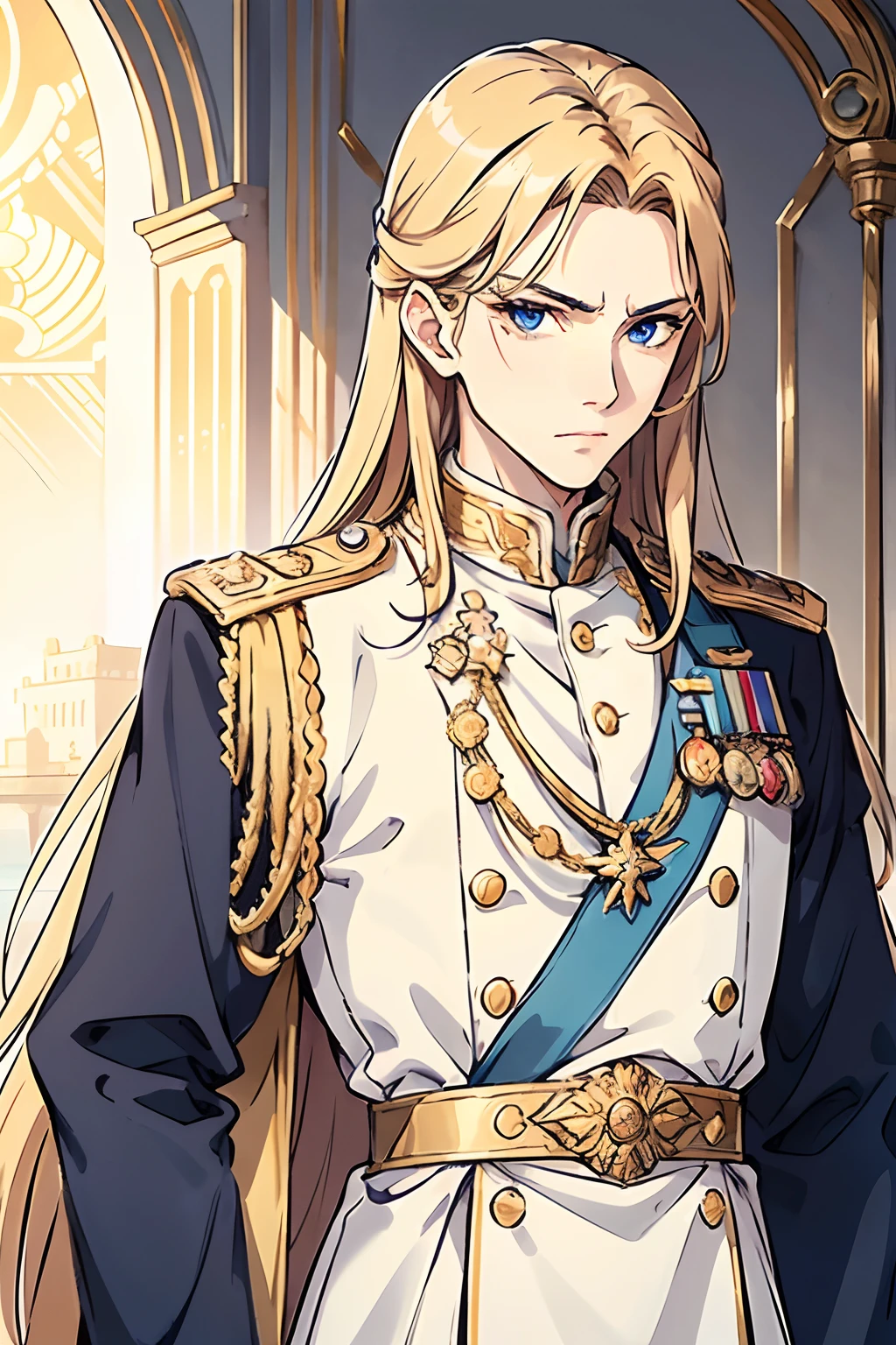 Prince, prince uniform, gold white uniform, golden shoulder pattern, military badge, detailed close, shoulder long hair, golden hair, thin hair, ocean blue eyes, detailed eyes beautiful eyes, golden eyelashes, arrogant look, mean expression, tall, masterpiece, castle background, royal castle