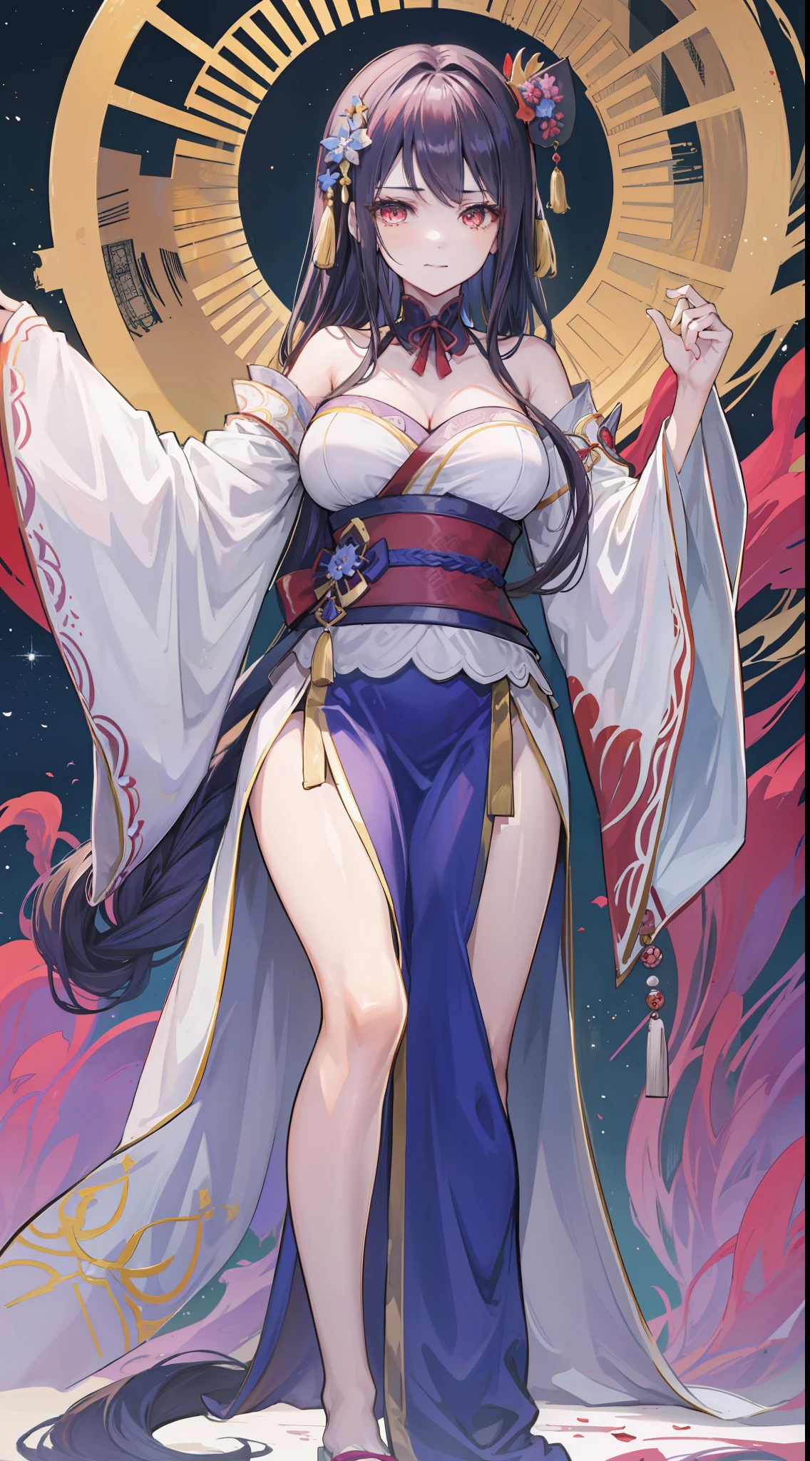 (masterpiece, top quality, best quality, official art, beautiful and aesthetic:1.2), (1girl), extreme detailed,(fractal art:1.3),colorful,highest detailed. Stunning Beauty Voluptuous Japanese Bride. Smile. Wedding ring. Wearing Japanese see-through traditional wedding dress, underboobs, with slits, and transparent veils. Traditional magatama jewelry accessories. Beautiful belly, beautiful waist, beautiful thighs, and beautiful legs. Full body photo, head to toes, wide angle. Background on the sacred Japanese shinto shrine with torii gates. HD image, colorful image, very detailed anatomy, very detailed background.