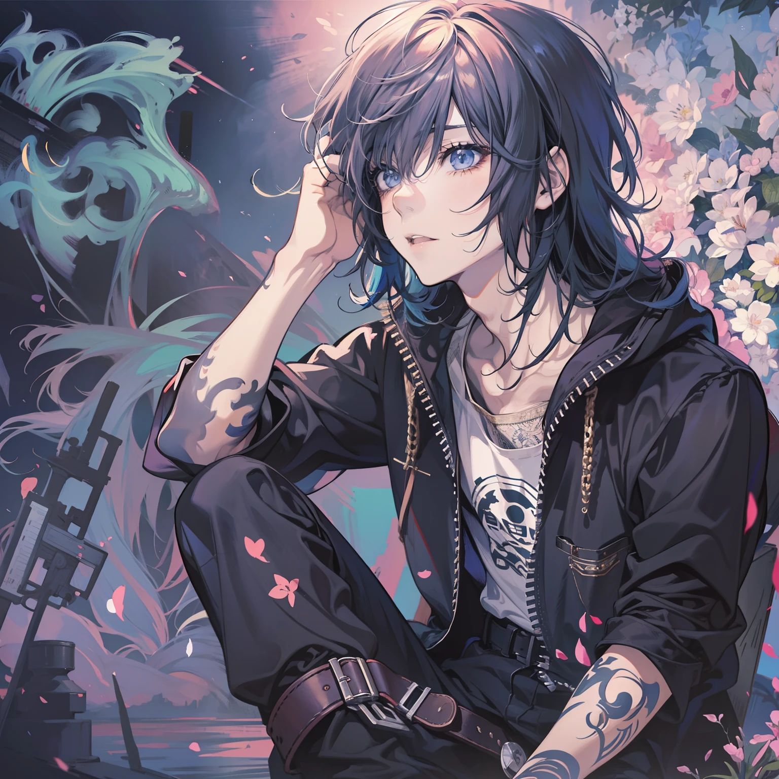 Anime boy, 1 boy, solo, emo boy, long hair, peace highlight, desgin