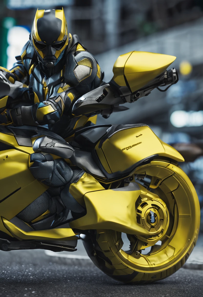 Protogen with yellow and black fur with black visor, ride a motorbike, laying on a motorbike with hyper ass, side view, huge buttlocks, huge breasts, ass touching back, thick tights, big fluffy tail, stuck out ass