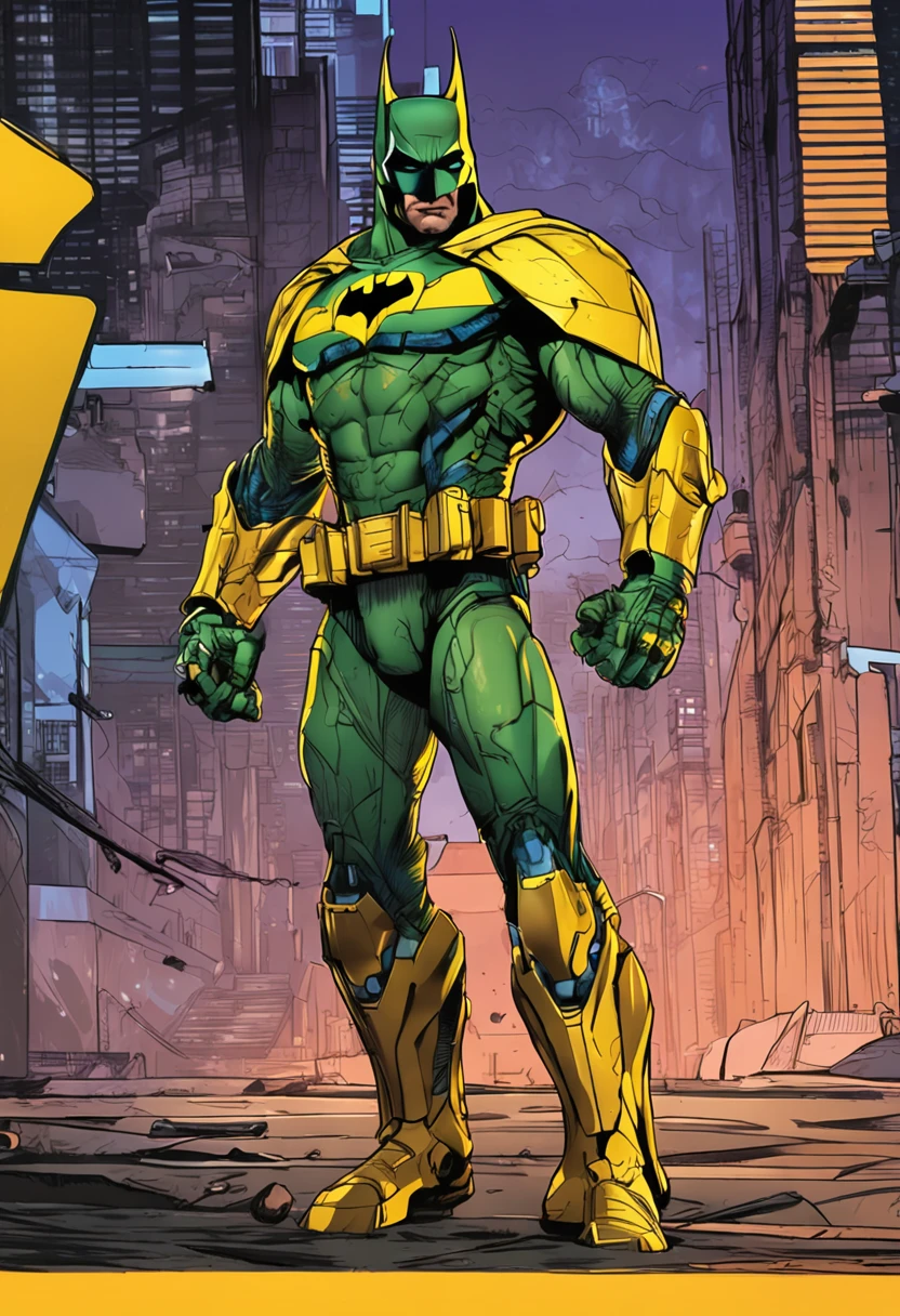 Um batman verde, amarelo e azul, brasileiro, realistic in a titanium cybernetic suit, detalhado, designe perfeito, alta qualidade arestas perfeitas e simetricas ::n_desenho de estilo, Low-quality imperfection, boneco, jogo, anime
