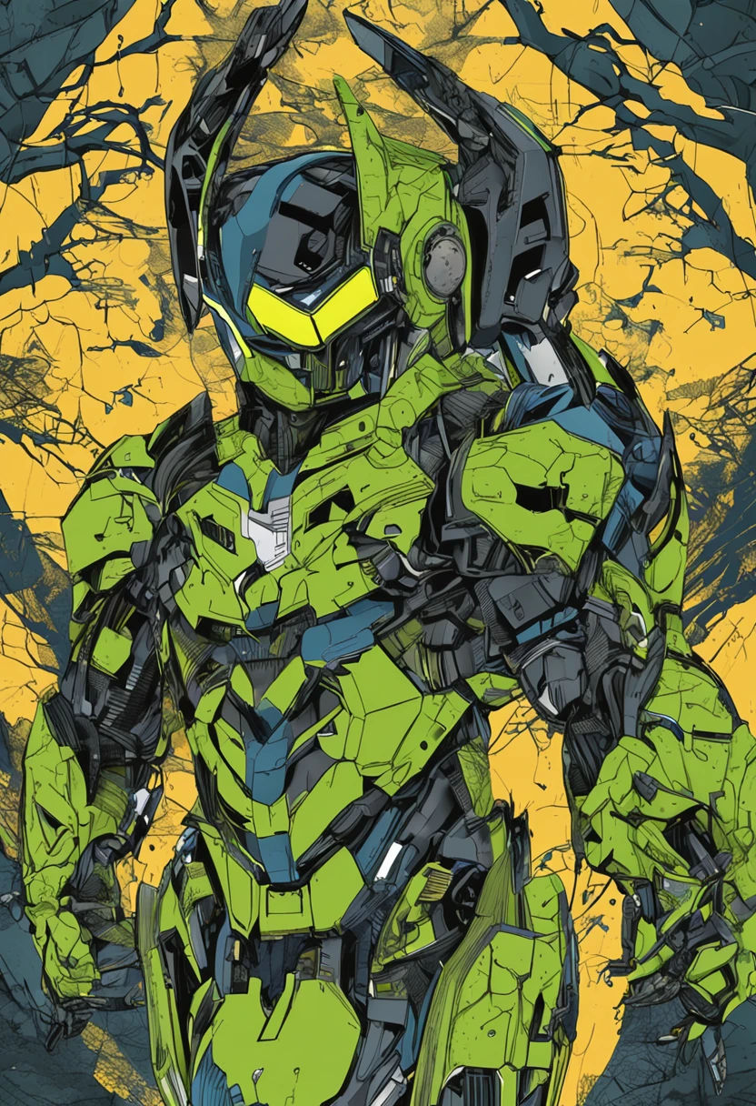 Um batman verde, amarelo e azul, brasileiro, realistic in a titanium cybernetic suit, detalhado, designe perfeito, alta qualidade arestas perfeitas e simetricas ::n_desenho de estilo, Low-quality imperfection, boneco, jogo, anime