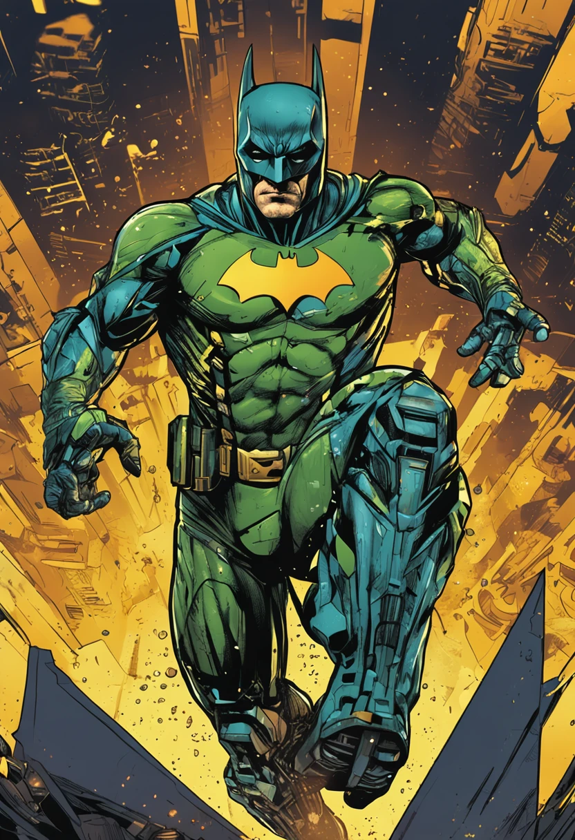 Um batman verde, amarelo e azul, brasileiro, realistic in a titanium cybernetic suit, detalhado, designe perfeito, alta qualidade arestas perfeitas e simetricas ::n_desenho de estilo, Low-quality imperfection, boneco, jogo, anime